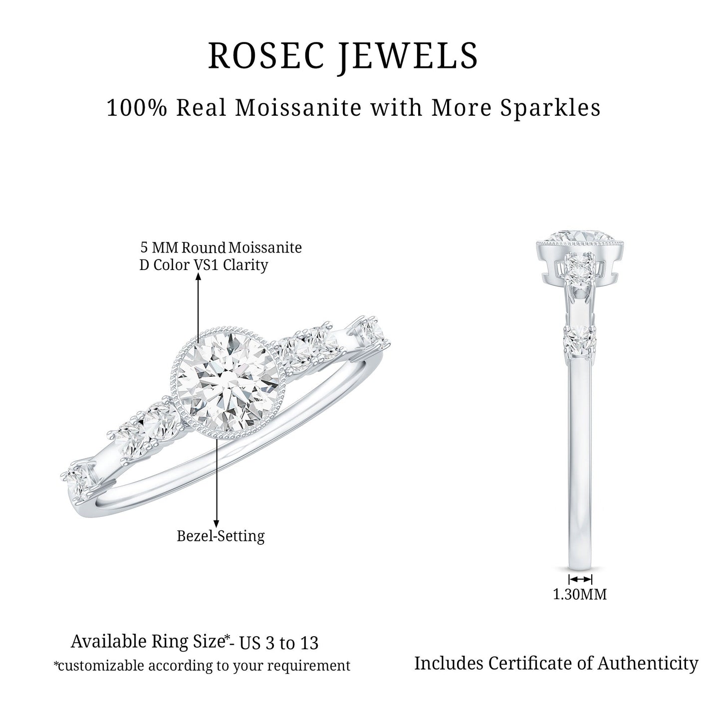 0.5 Carat Round Certified Moissanite Solitaire Engagement Ring in Bezel Setting