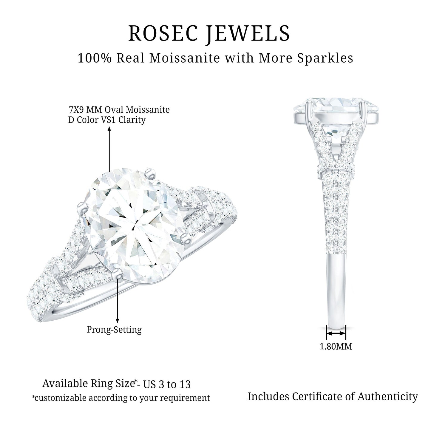 2 Carat Oval Cut Moissanite Statement Engagement Ring with Split Shank
