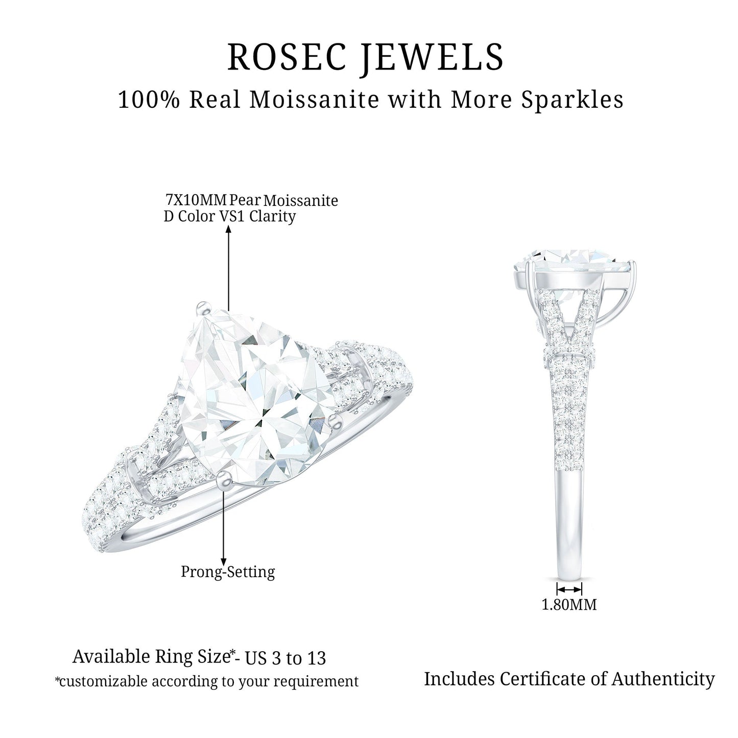 Pear Shaped Moissanite Solitaire Engagement Ring in Split Shank