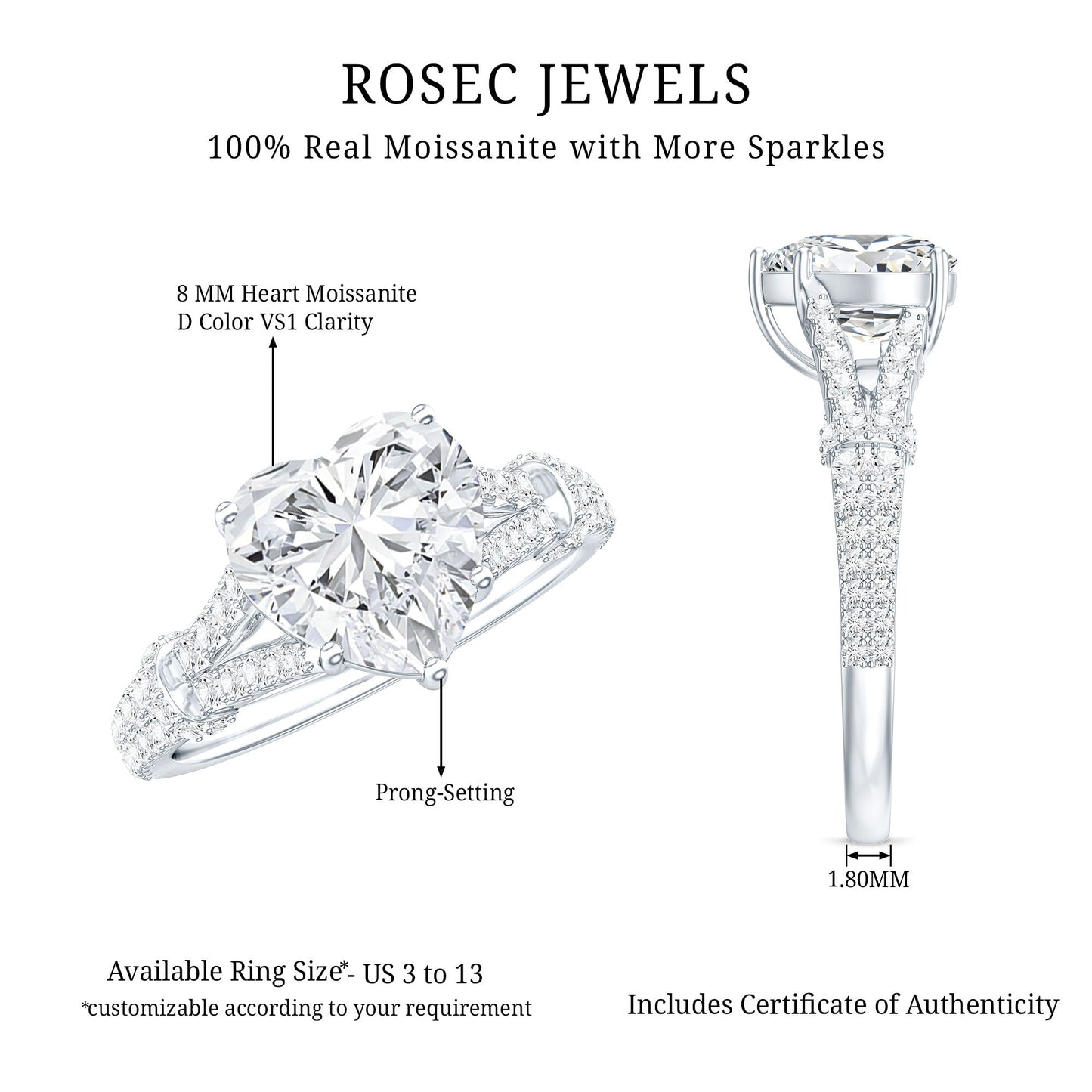 Heart Shape Moissanite Solitaire Engagement Ring in Split Shank