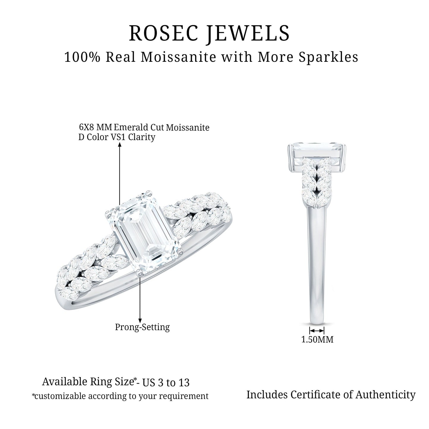 Certified Moissanite Emerald Cut Engagement Ring with Side Stones