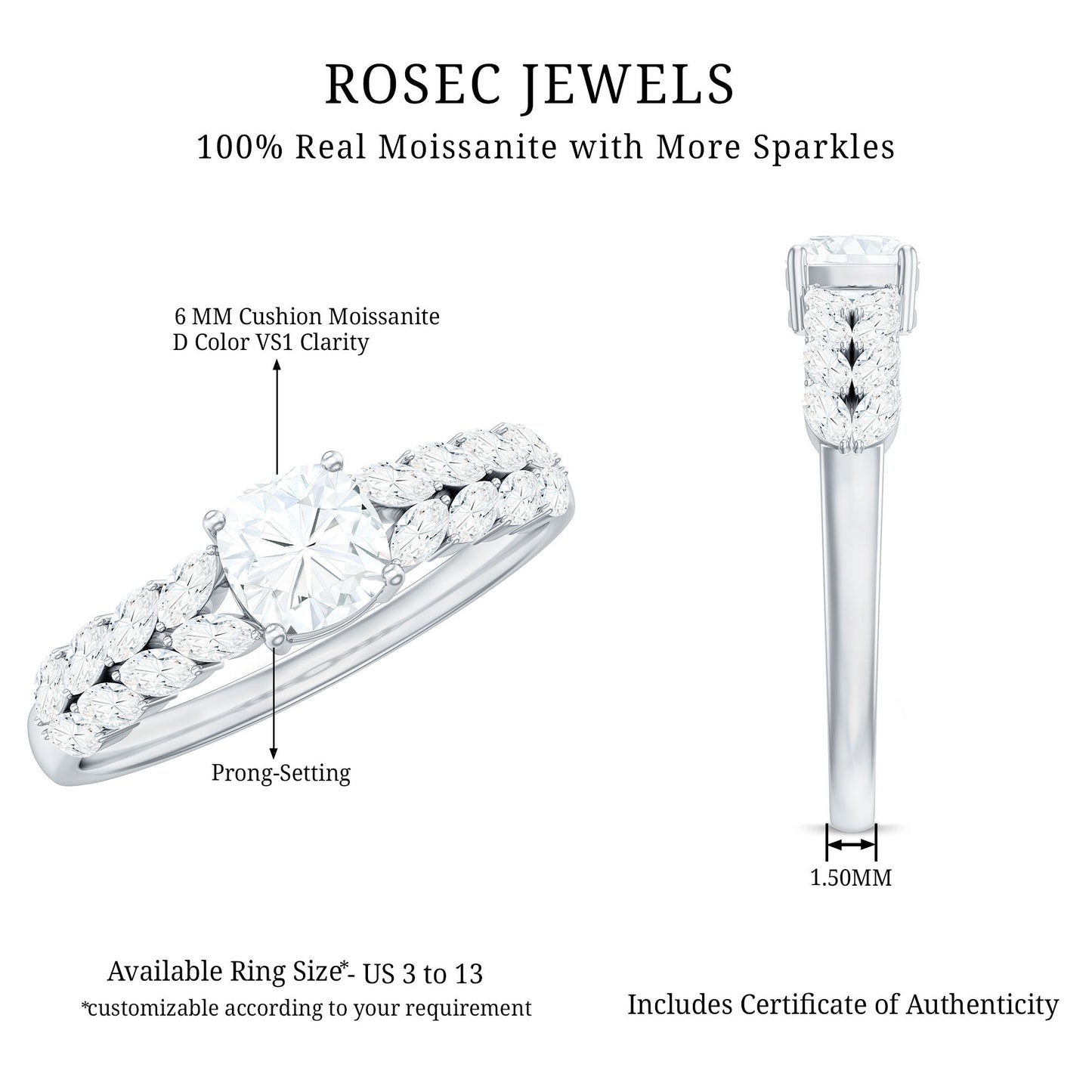 Cushion Cut Moissanite Solitaire Engagement Ring with Side Stones