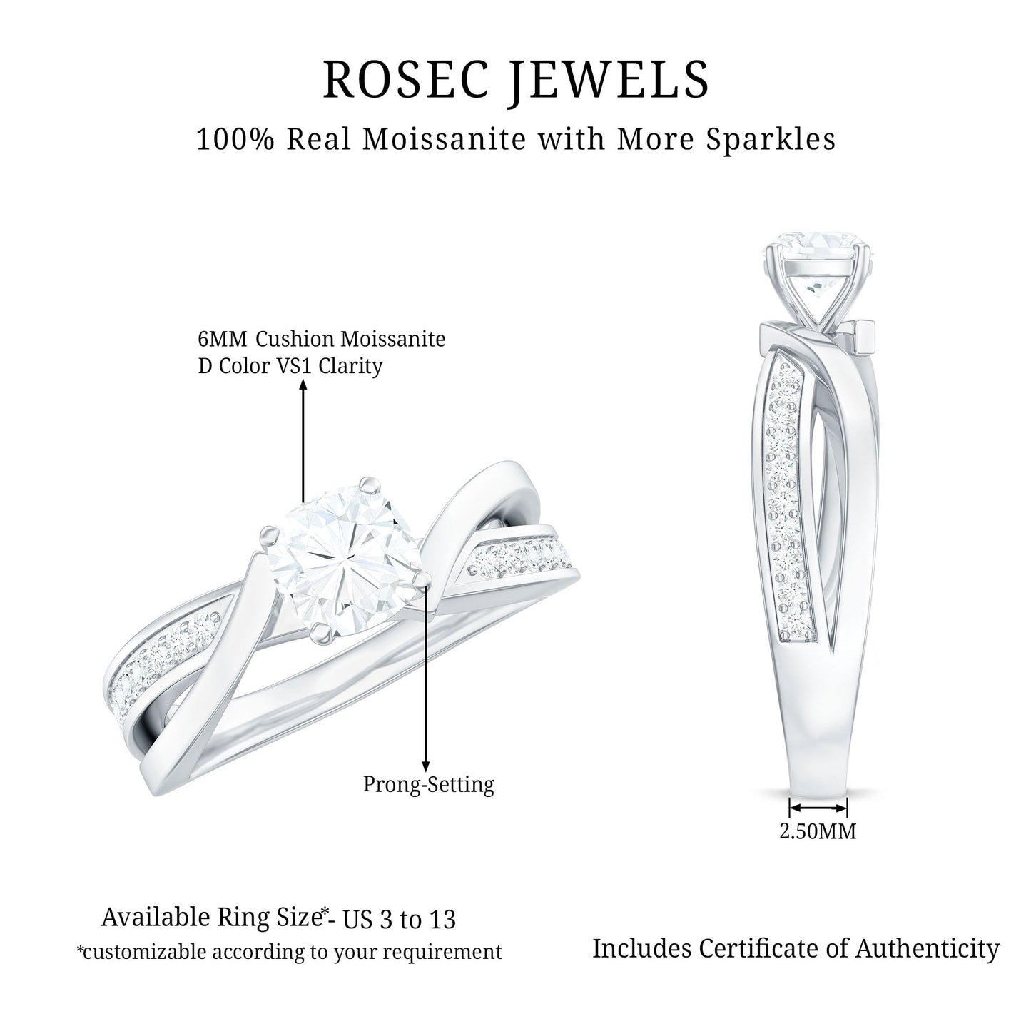 Cushion Cut Solitaire Moissanite Infinity Engagement Ring