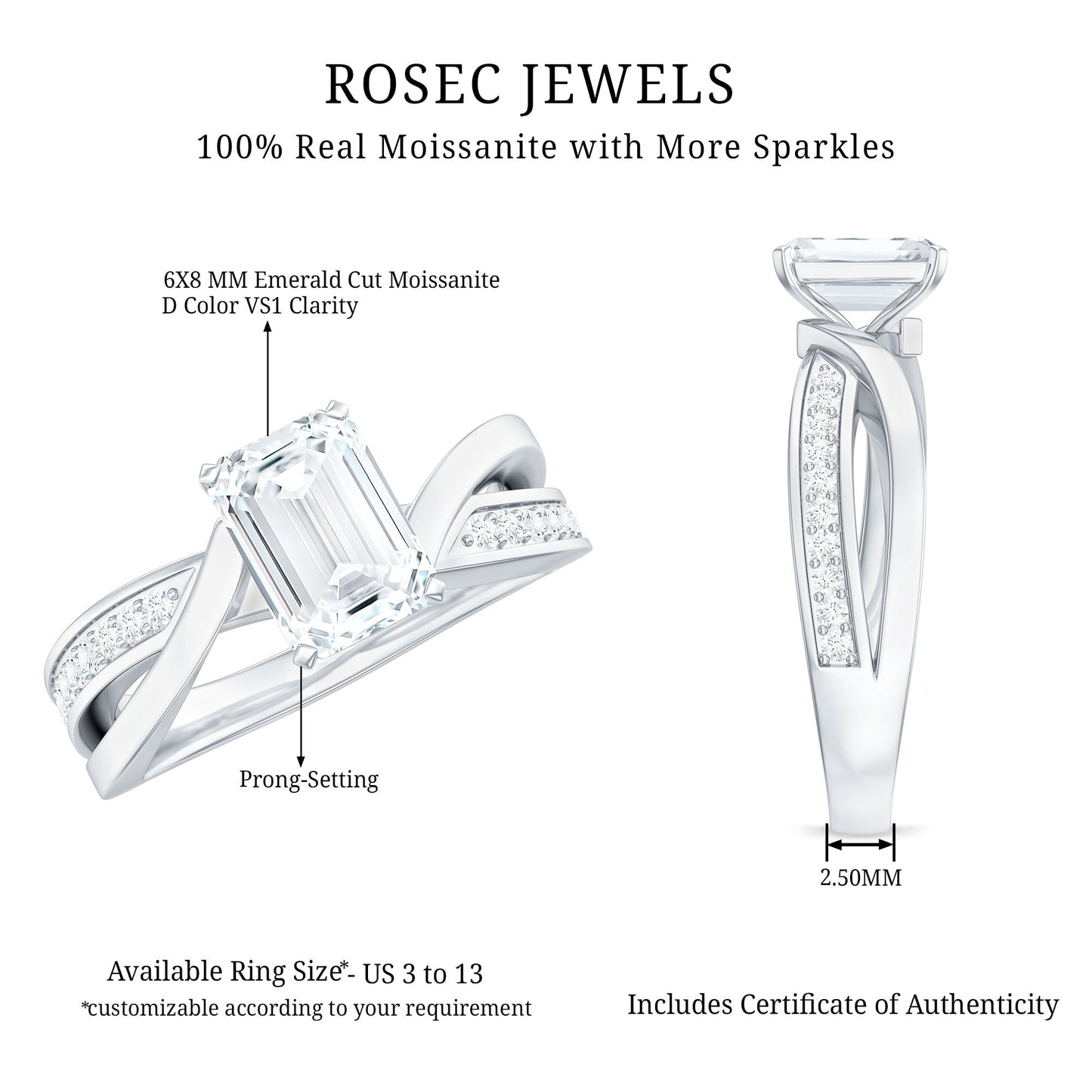 1.8 Carat Emerald Cut Moissanite Infinity Engagement Ring