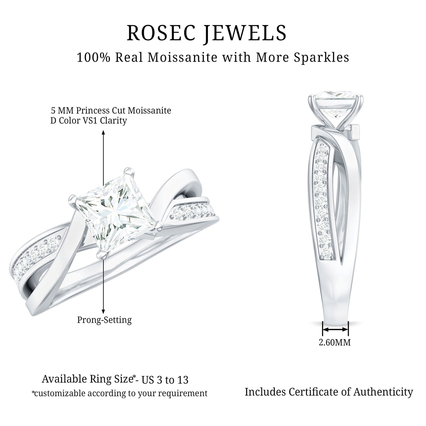 0.7 Carat Princess Cut Moissanite Solitaire Infinity Engagement Ring