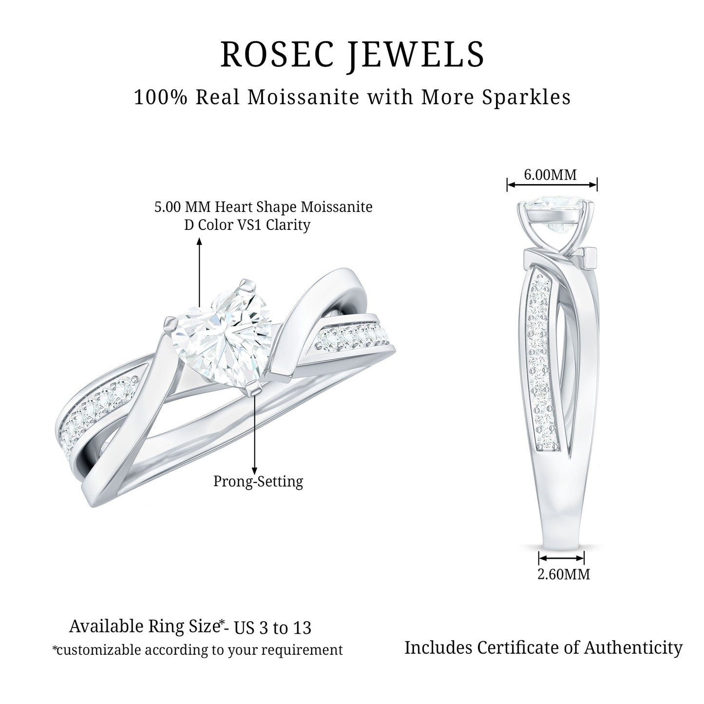 Certified Heart Moissanite Solitaire Engagement Ring