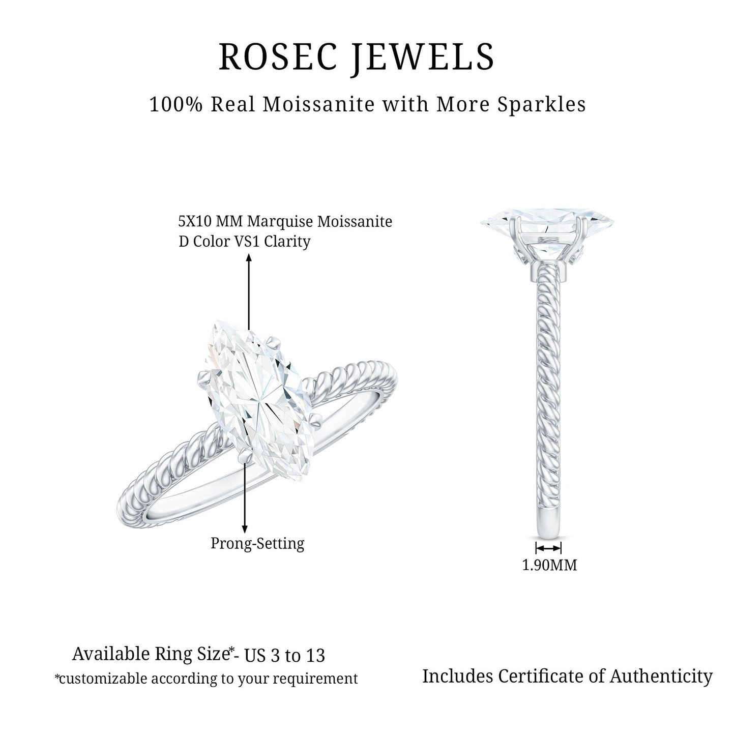 1 Carat Marquise Cut Moissanite Solitaire Engagement Ring with Twisted Rope Shank