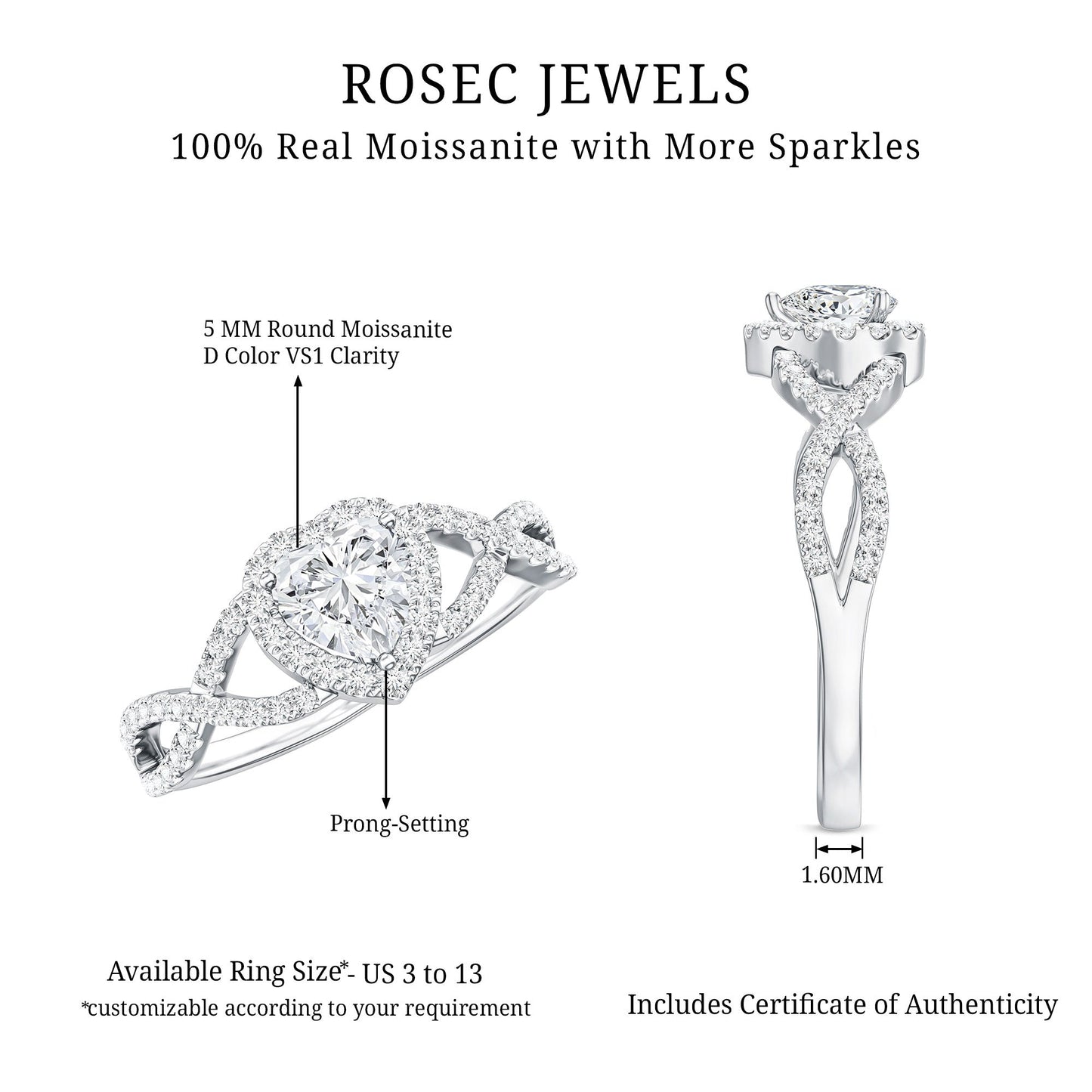 Heart Shape Moissanite Halo Engagement Ring with Infinity Band