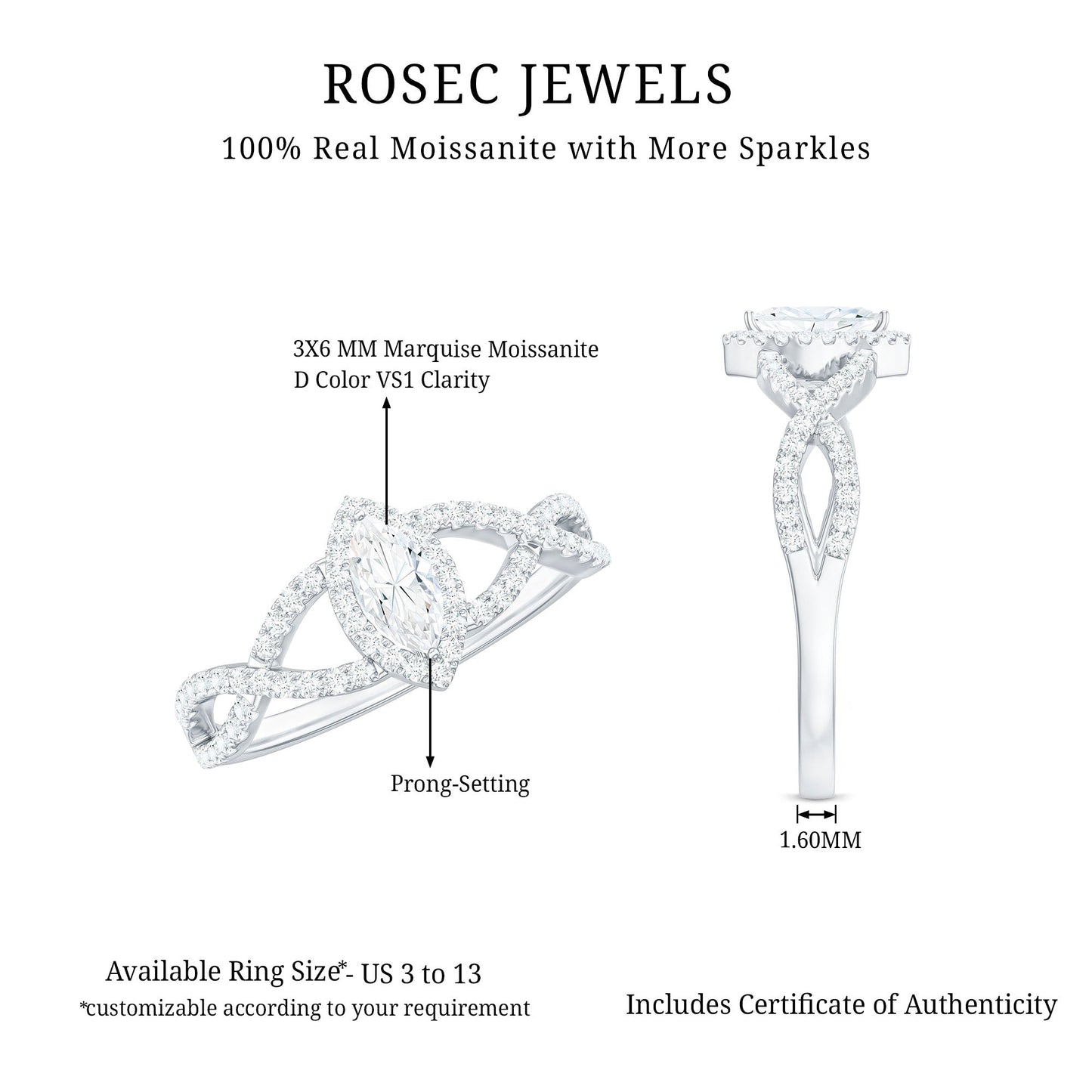 Womens Moissanite Marquise Cut Engagement Ring with Crossover Shank