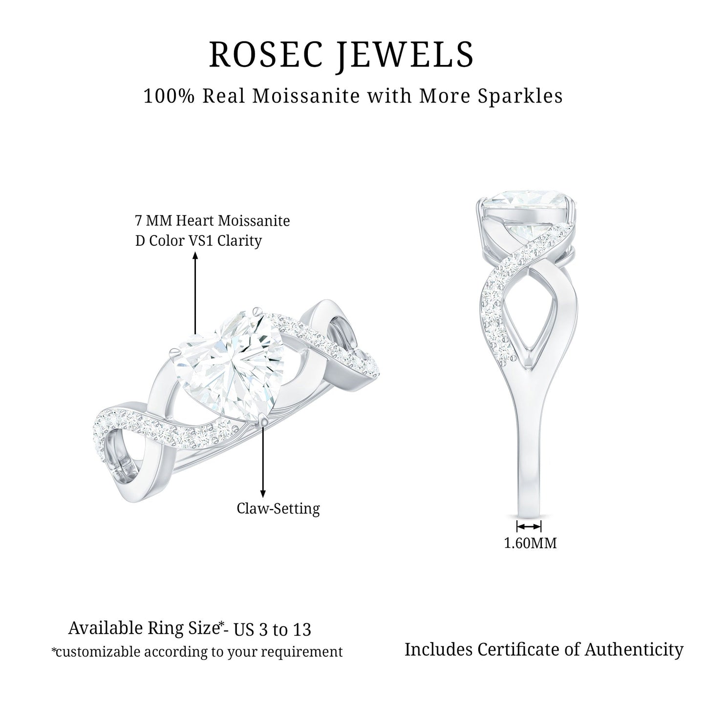 1.5 Carat Heart Shape Moissanite Solitaire Engagement Ring with Crossover Shank