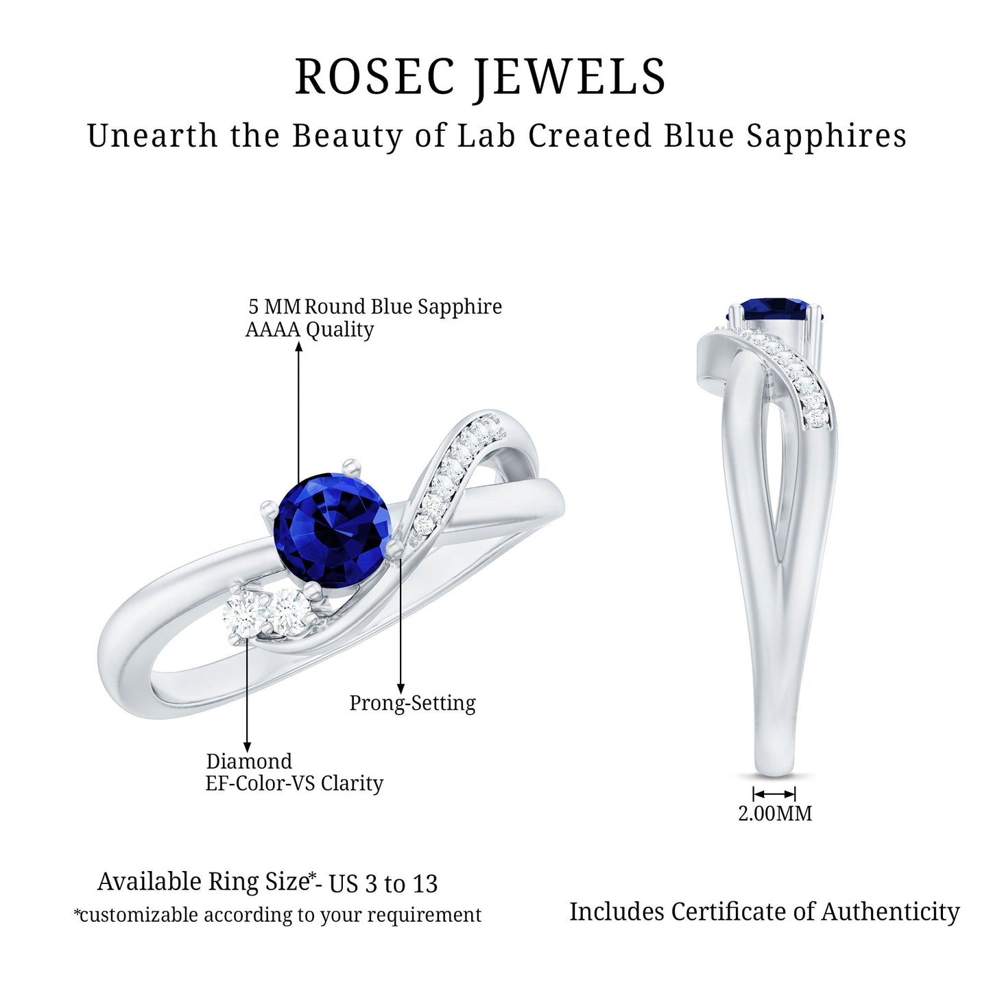 Certified 0.6 Carat Lab Grown Blue Sapphire Diamond Promise Ring for Women