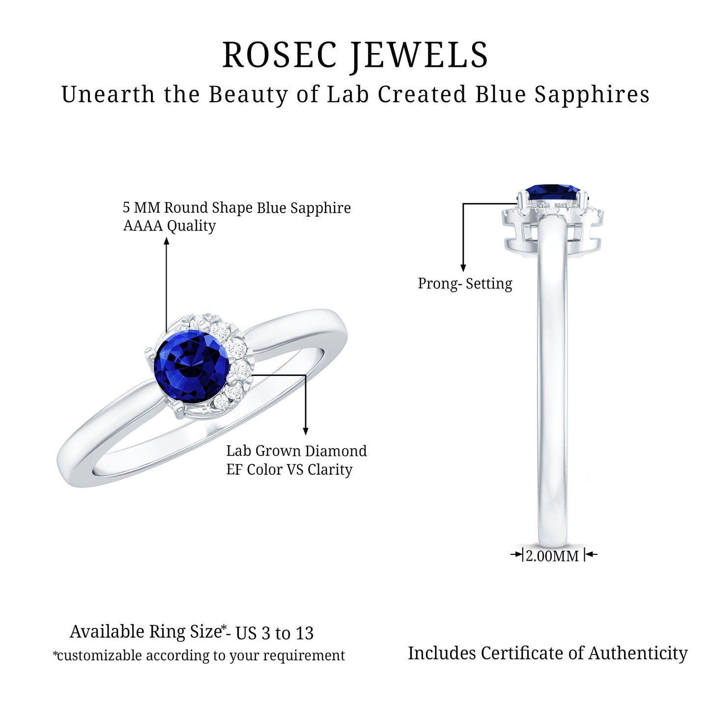 Certified Lab Grown Blue Sapphire Diamond Promise Ring for Women