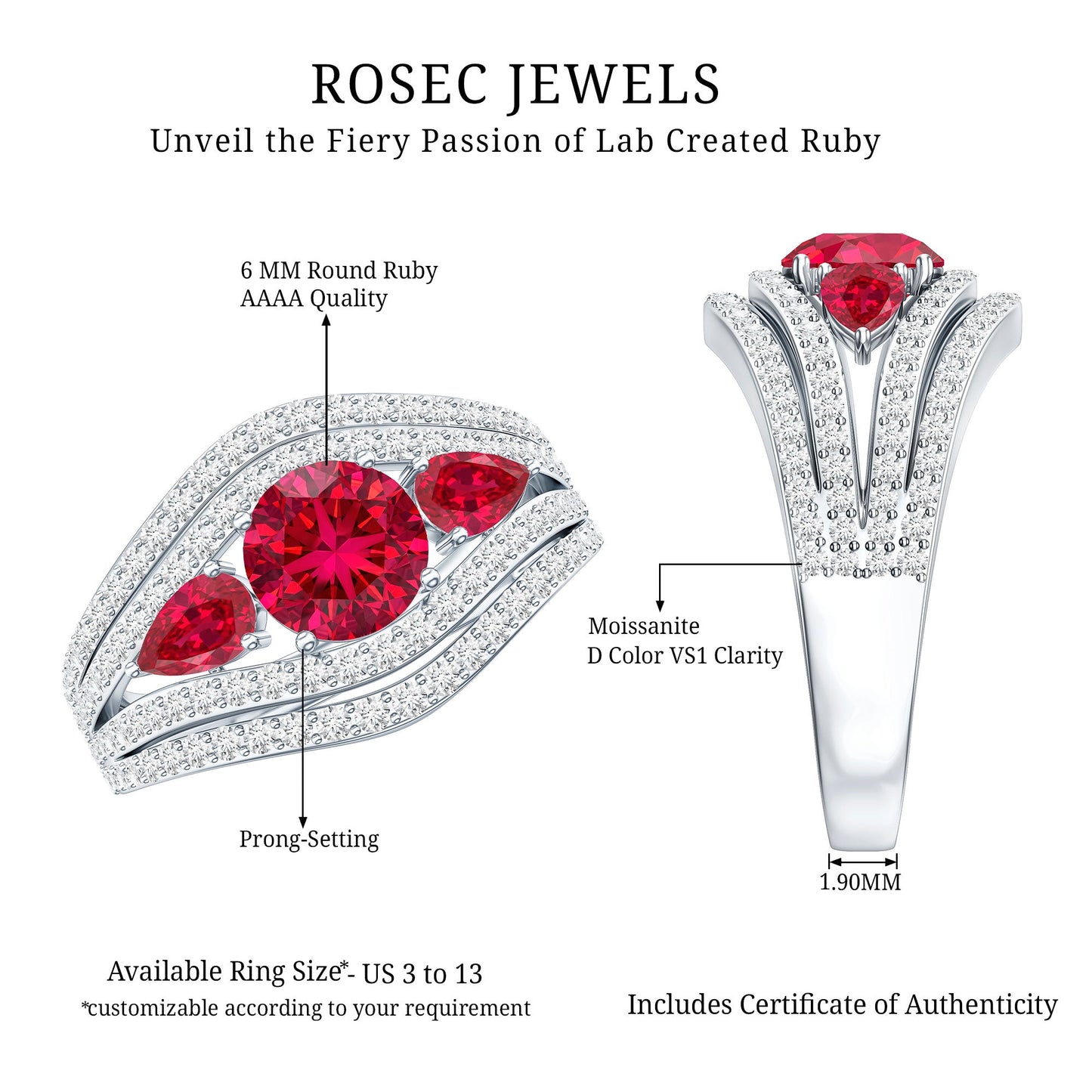 Designer Lab Created Ruby 3 Stone Engagement Ring With Moissanite