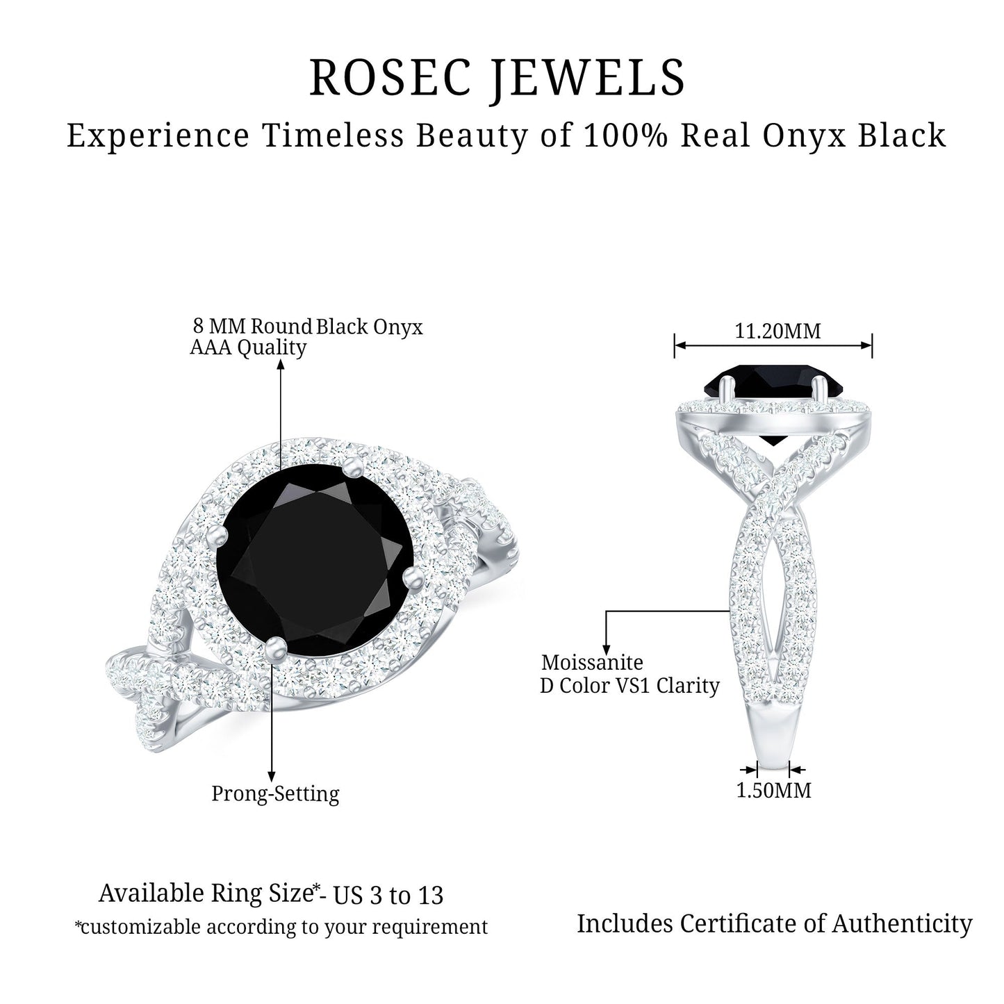 Certified 2 Carat Black Onyx Crossover Engagement Ring with Moissanite Halo
