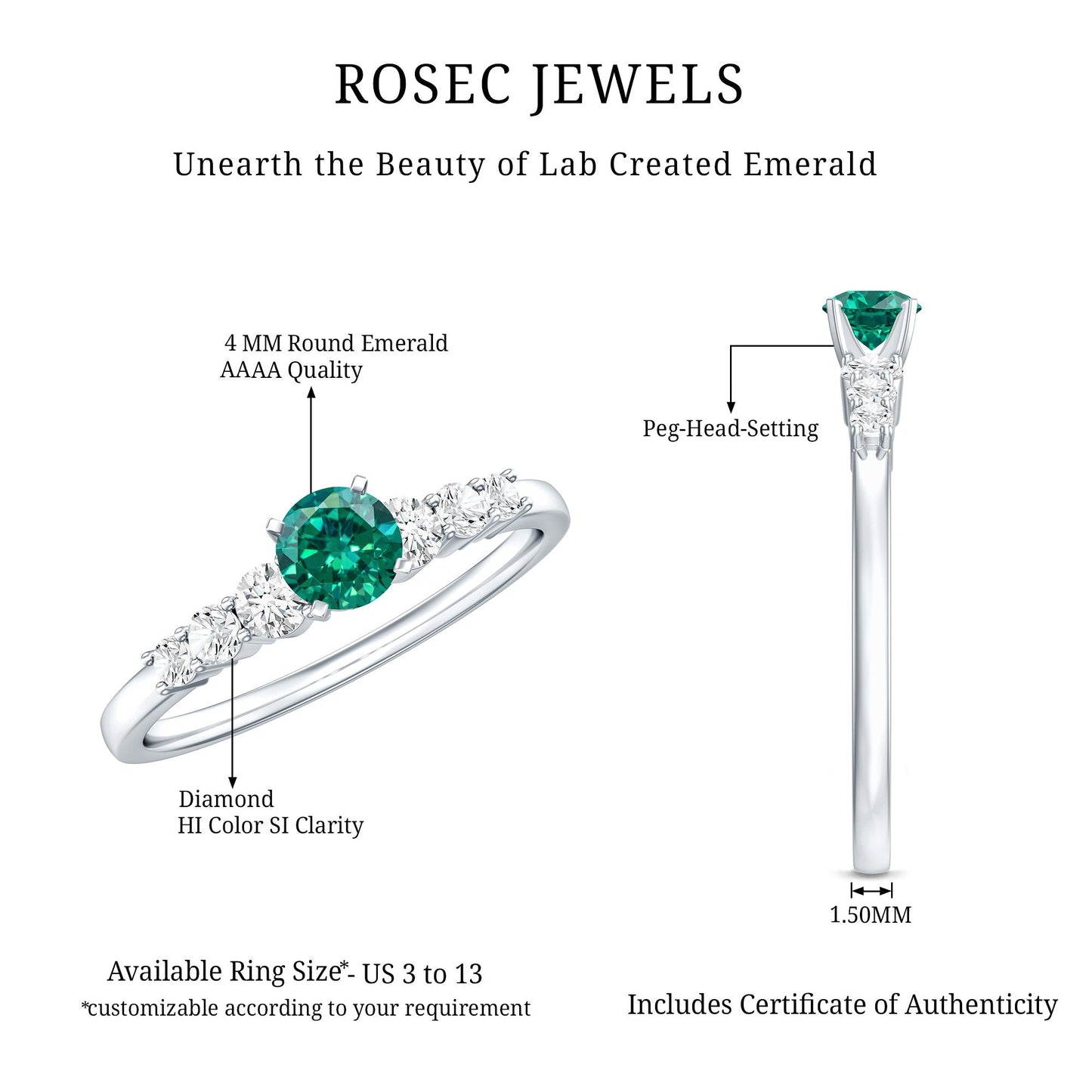 Round Lab Grown Emerald Diamond Promise Ring with Certificate
