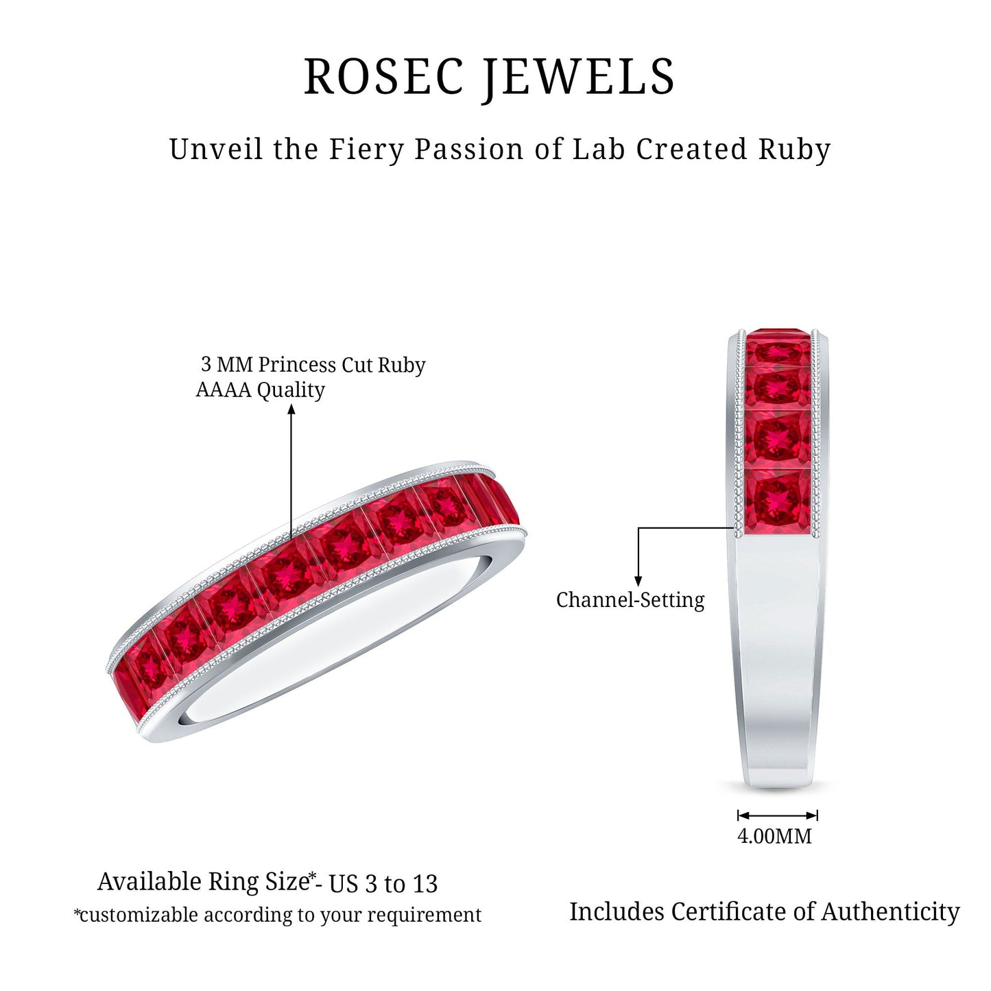 Channel Set Lab Grown Ruby Princess Cut Eternity Band with Milgrain