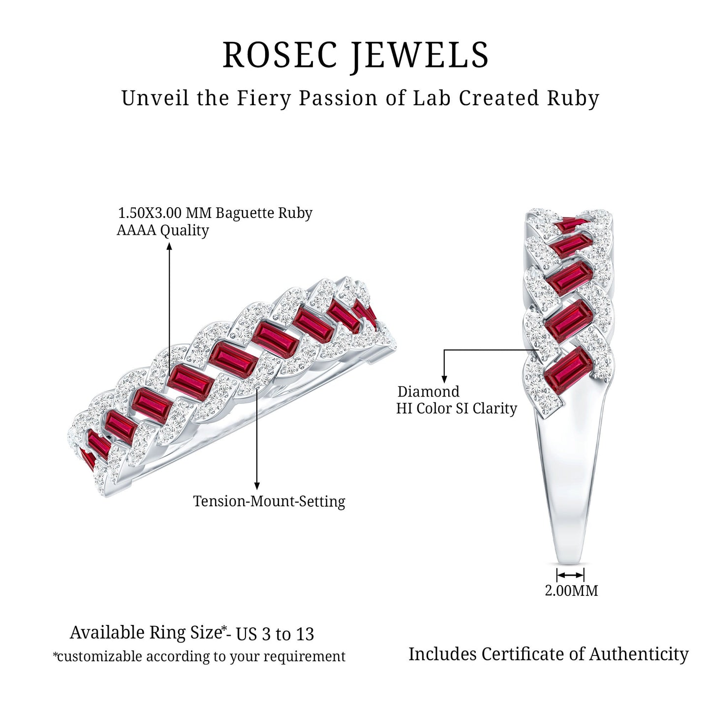 Baguette Created Ruby Braided Eternity Band Ring with Diamond