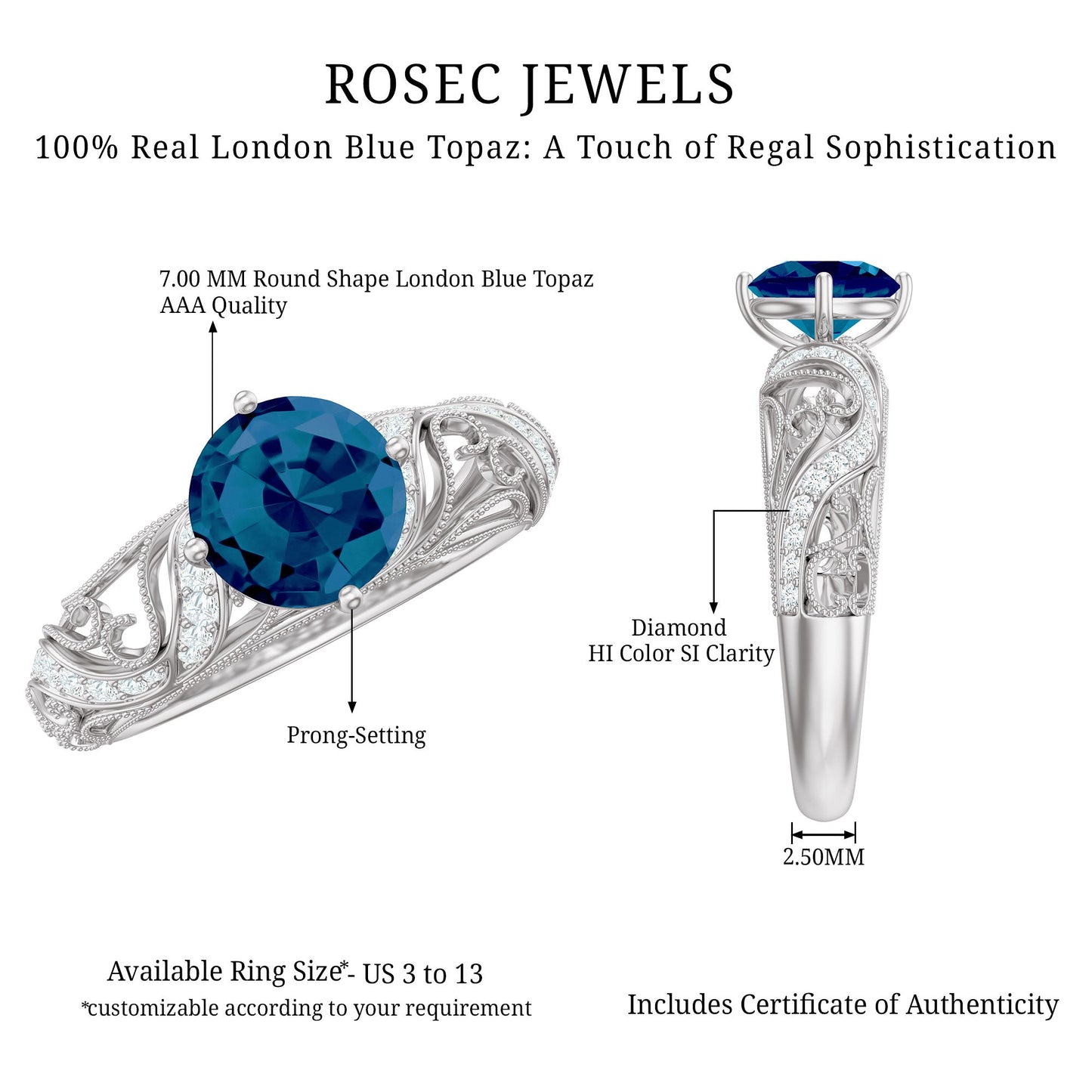 London Blue Topaz and Diamond Vintage Inspired Engagement Ring