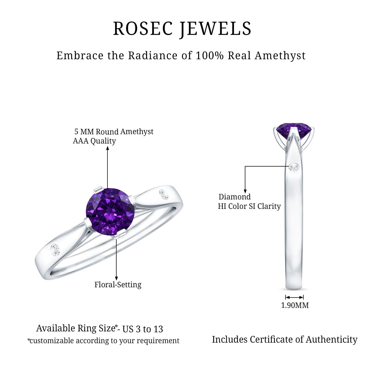0.4 Carat Solitaire Round Shape Amethyst Ring with Diamond