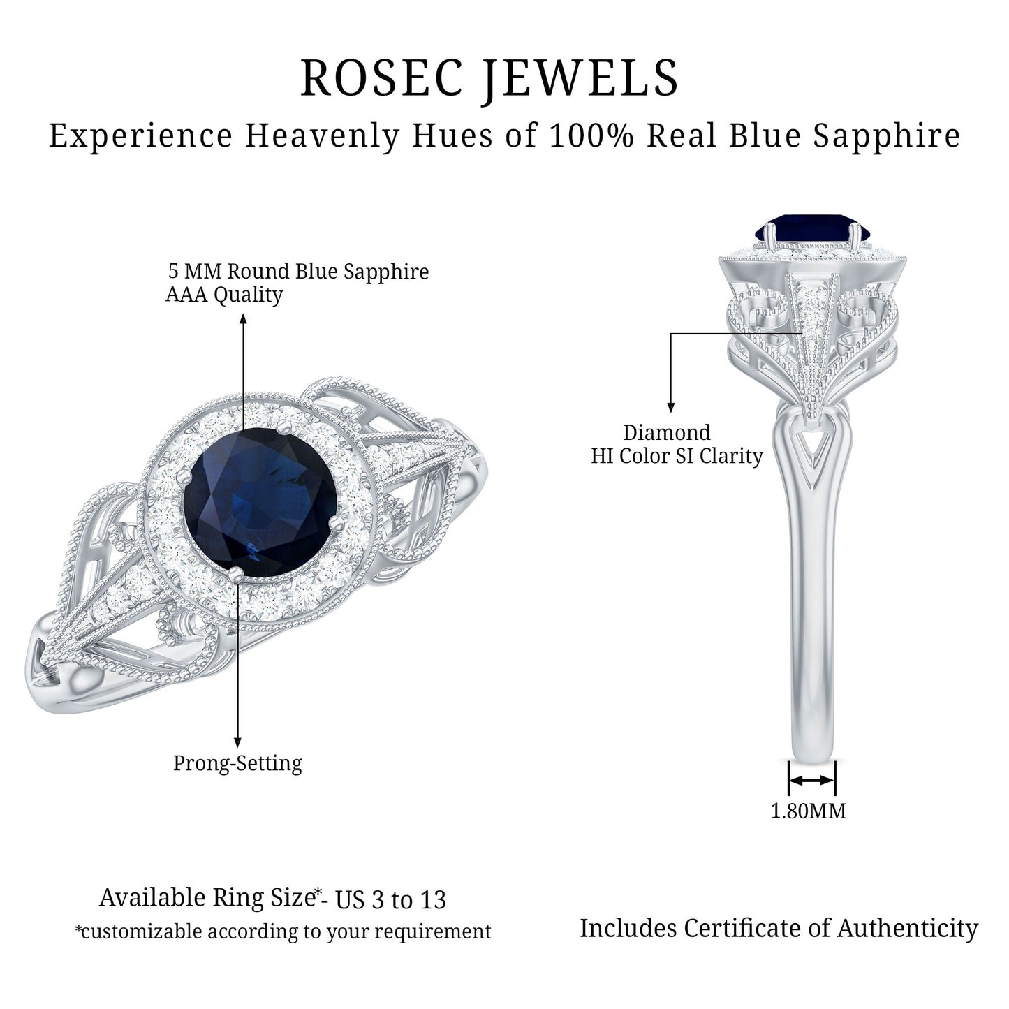 Vintage Looking Blue Sapphire with Diamond Halo Engagement Ring