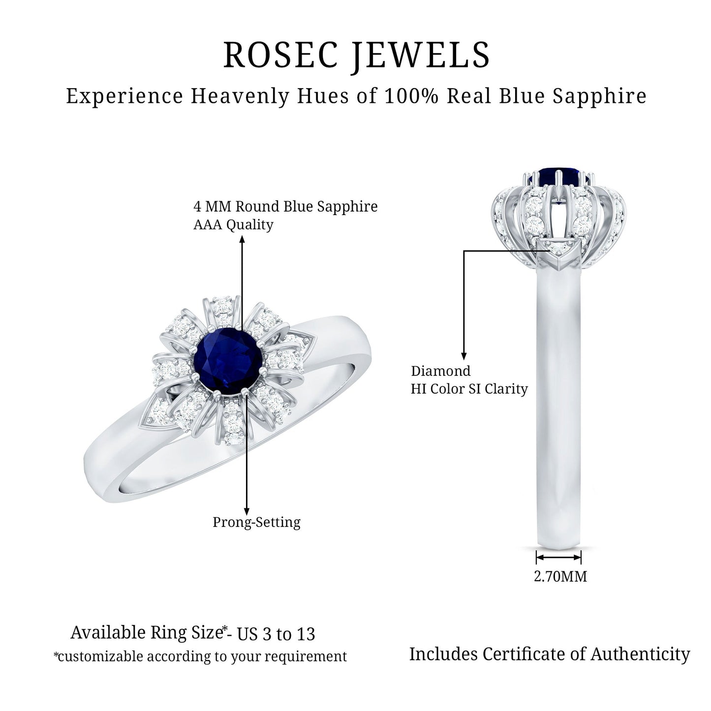 Real Blue Sapphire Flower Engagement Ring with Diamond