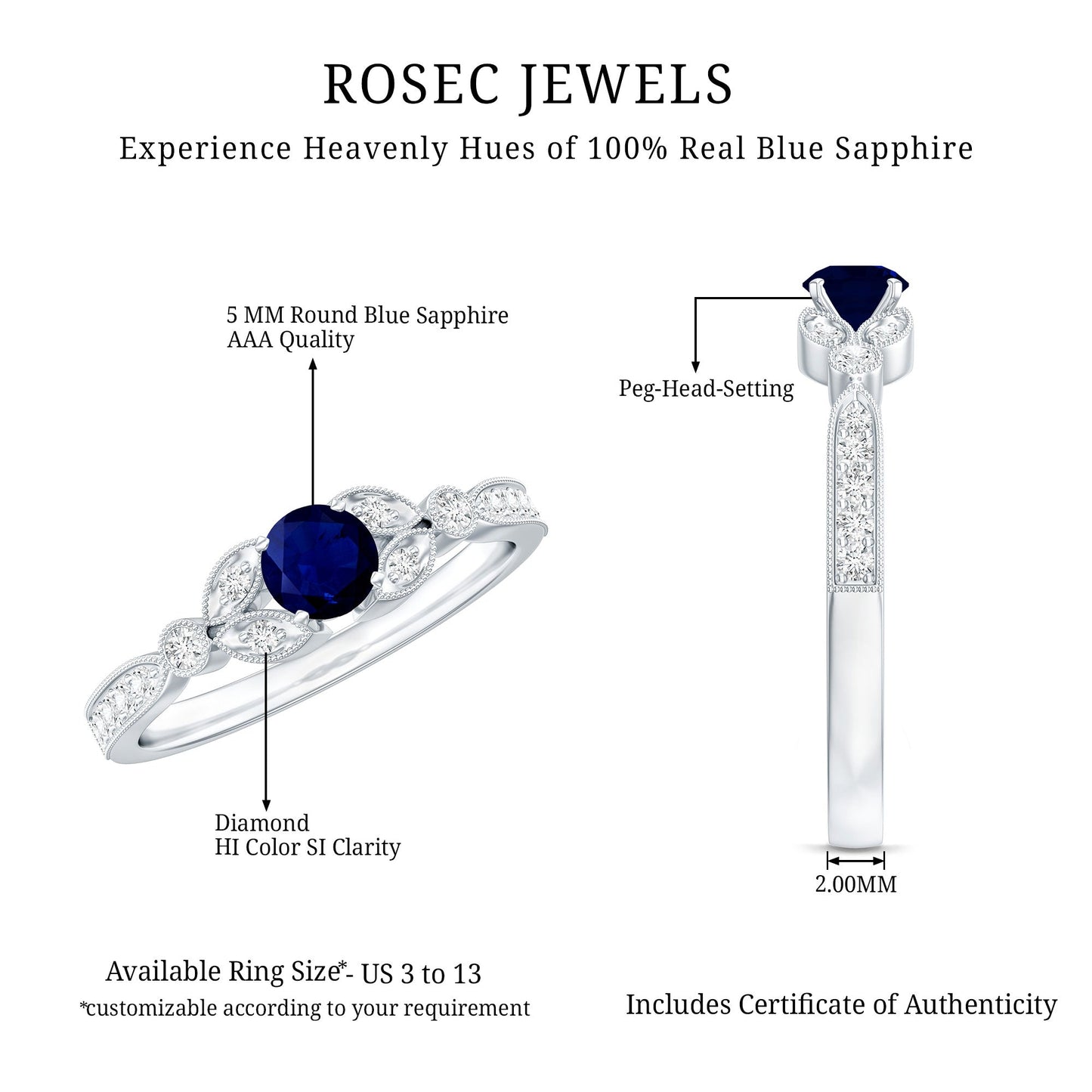 Vintage Inspired Blue Sapphire and Diamond Engagement Ring with Milgrain Details