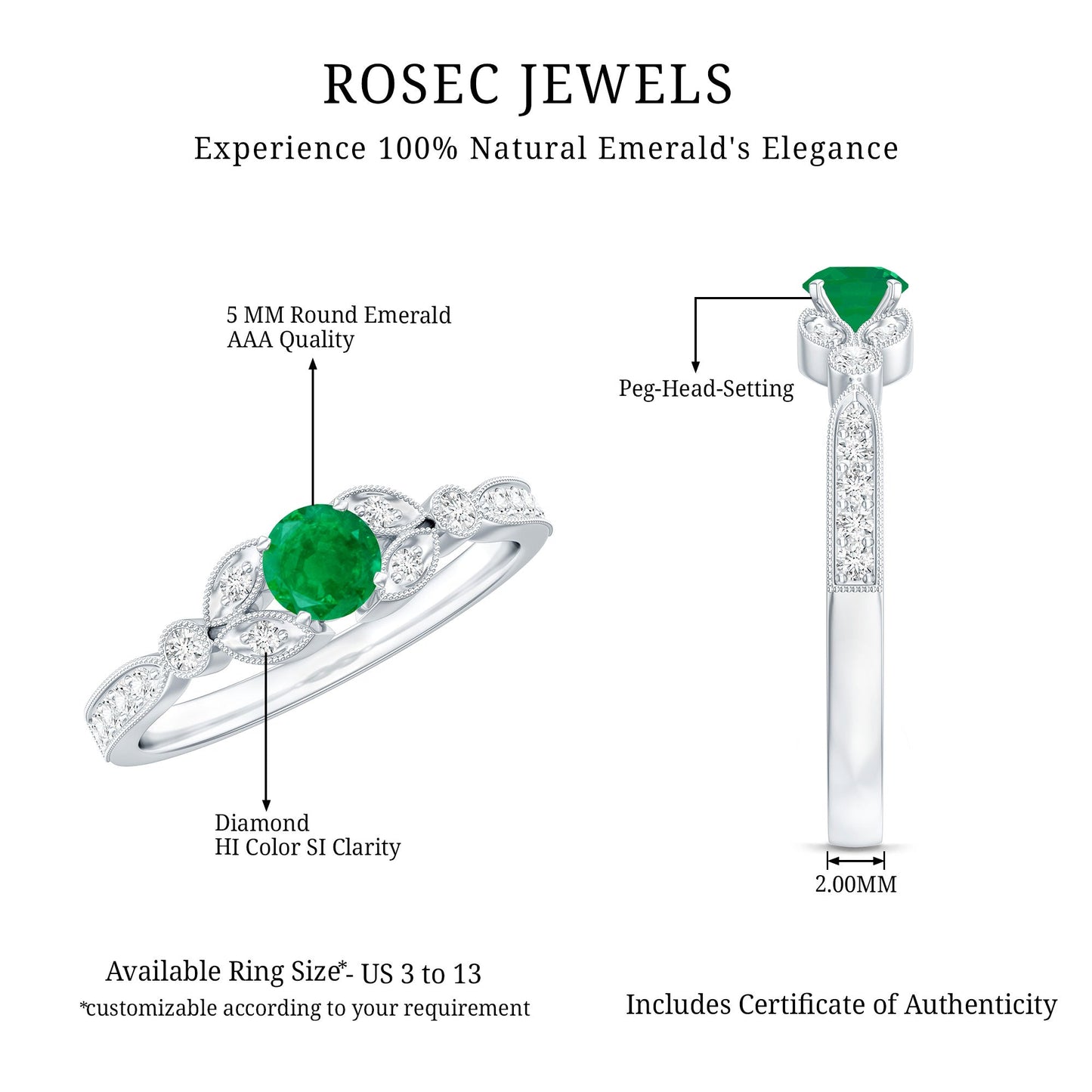 Natural Emerald Vintage Inspired Engagement Ring with Diamond
