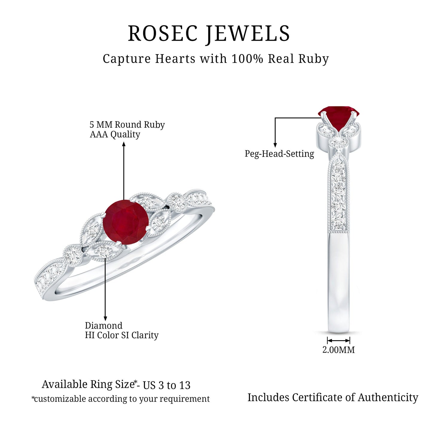 Vintage Style 0.6 Carat Ruby Diamond Engagement Ring for Women