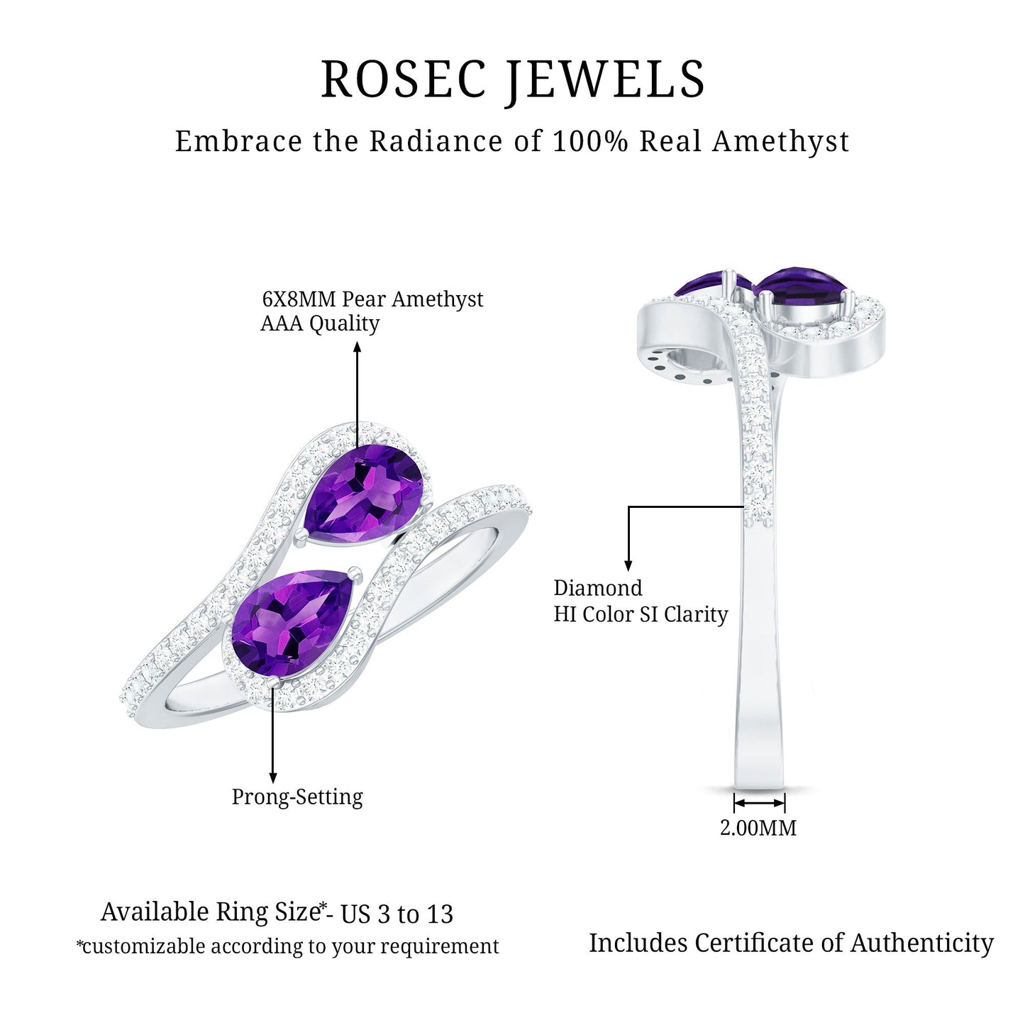Vintage Inspired Amethyst 2 Stone Bypass Engagement Ring with Diamond