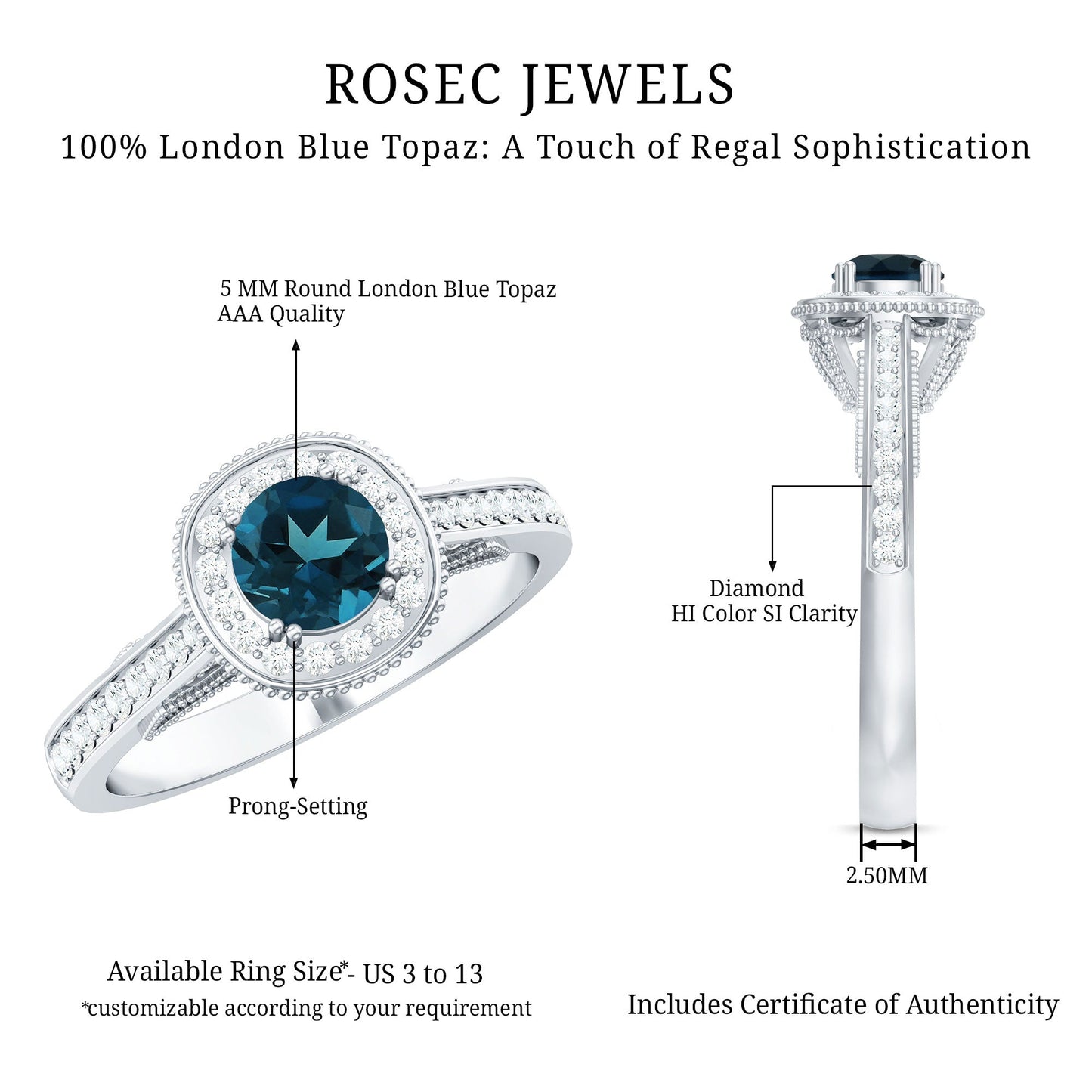 Vintage Looking London Blue Topaz Engagement Ring with Diamond Halo