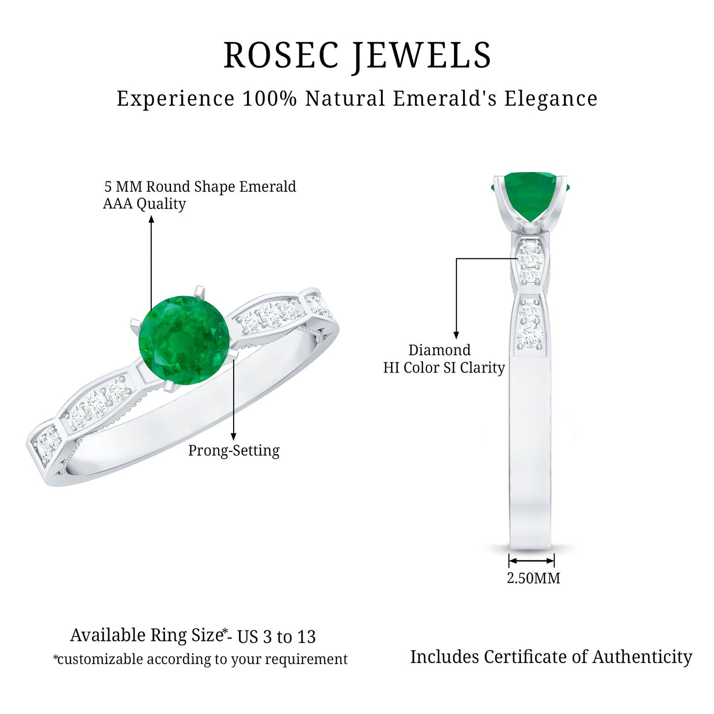 AAA Quality Emerald Solitaire Promise Ring with Diamond