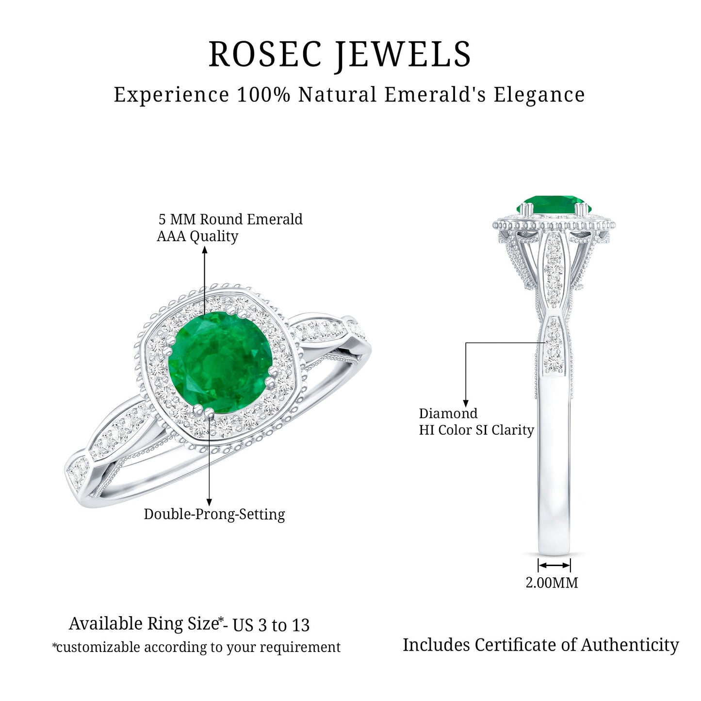 Emerald Vintage Looking Engagement Ring with Diamond Halo