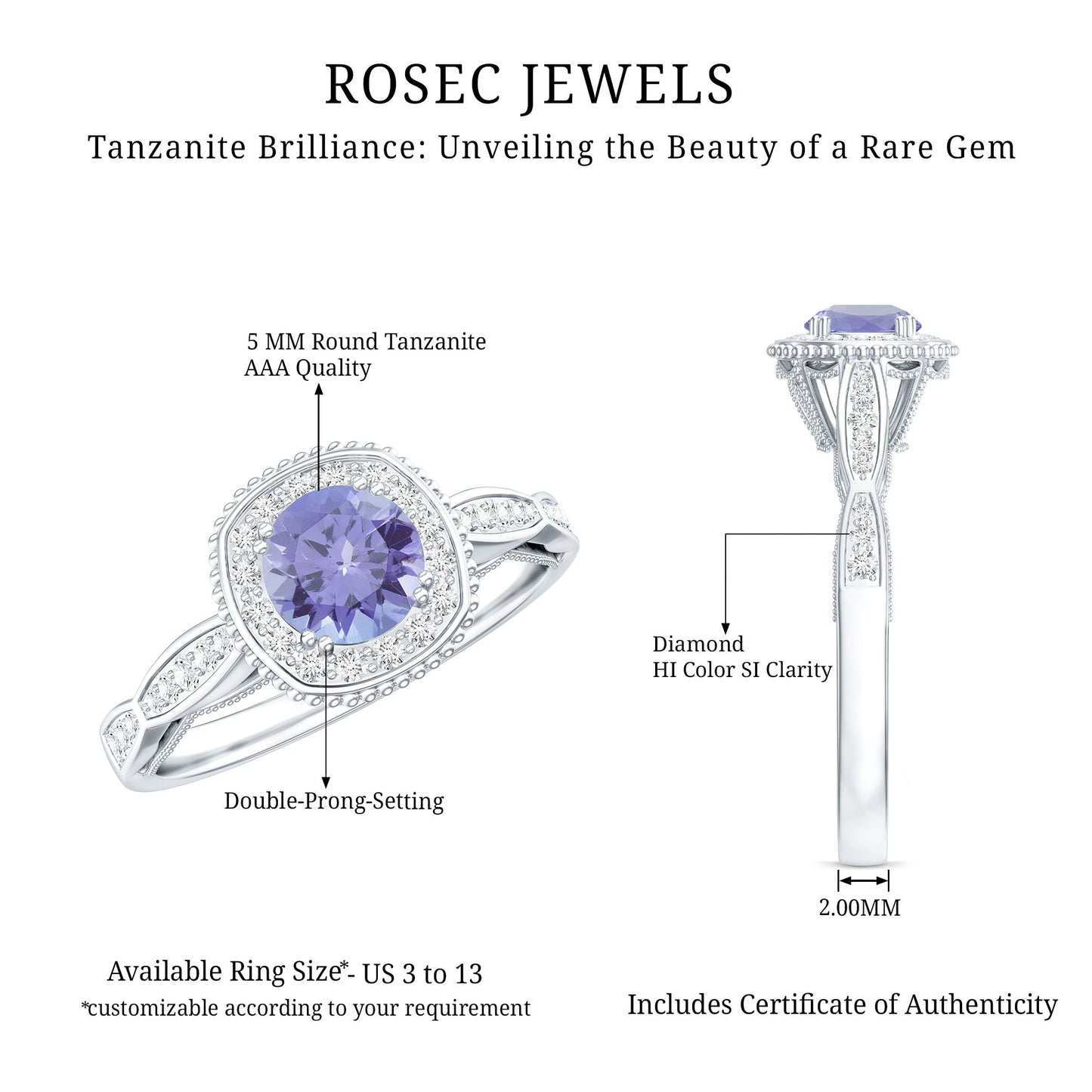 Vintage Style Tanzanite Engagement Ring with Diamond Halo for Women