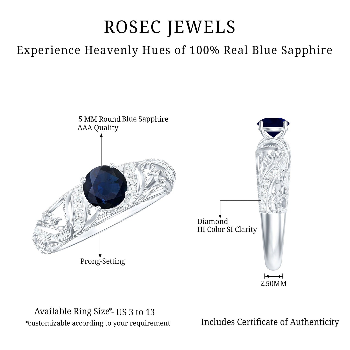 Certified 0.9 Carat Real Blue Sapphire and Diamond Vintage Looking Engagement Ring