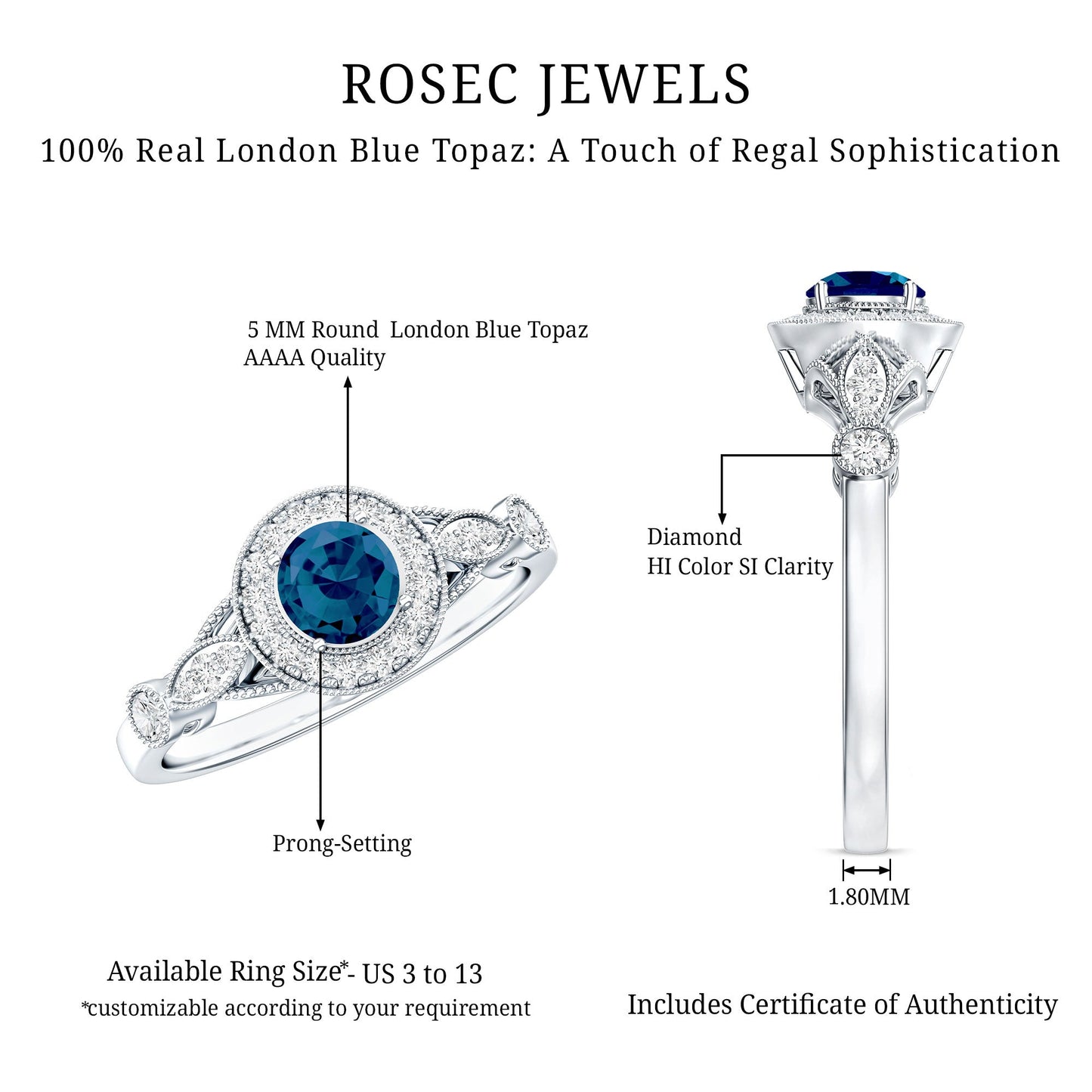 0.6 Carat London Blue Topaz Antique Engagement Ring with Diamond Halo