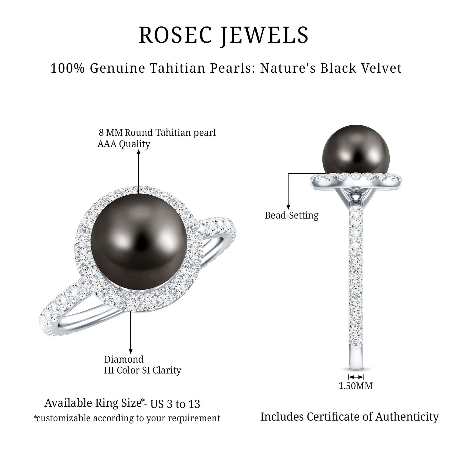 Halo Engagement Ring with Tahitian Pearl and Diamond
