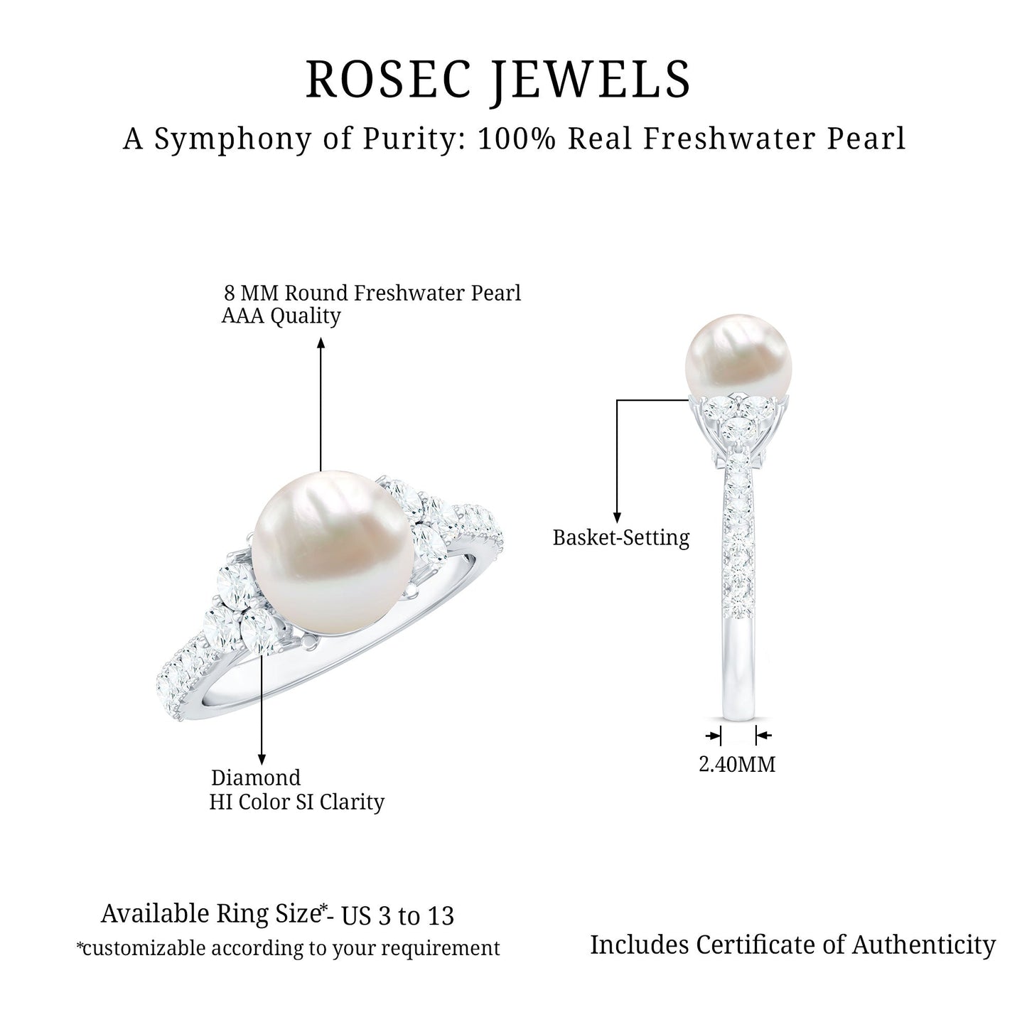 Natural 7.4 Carat Freshwater Pearl Engagement Ring with Diamond