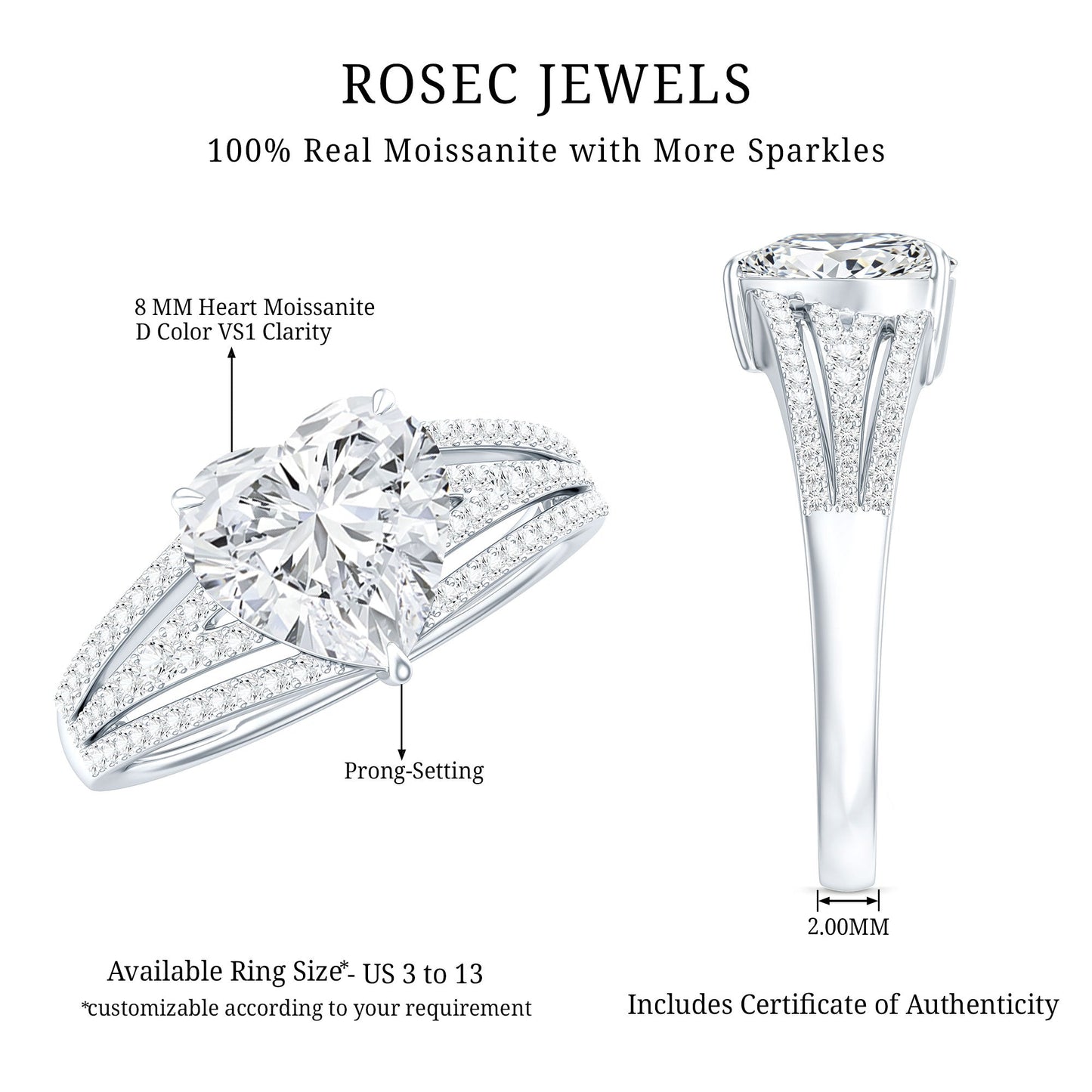 2 Carat Moissanite Heart Designer Engagement Ring with Split Shank