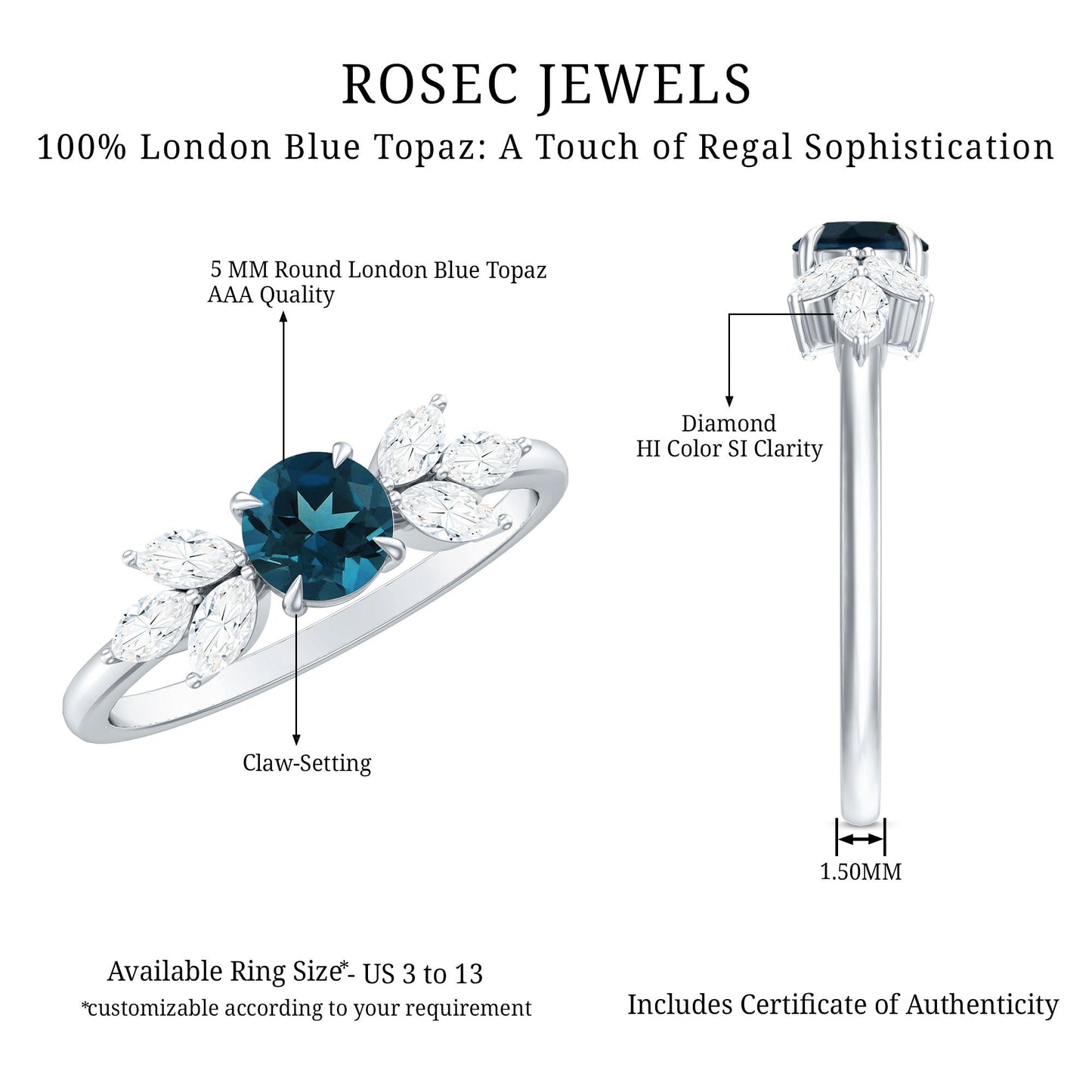 London Blue Topaz Minimal Engagement Ring With Diamond