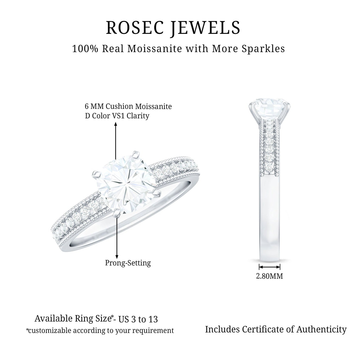 1.7 Carat Cushion Cut Moissanite Solitaire Engagement Ring with Beaded Details