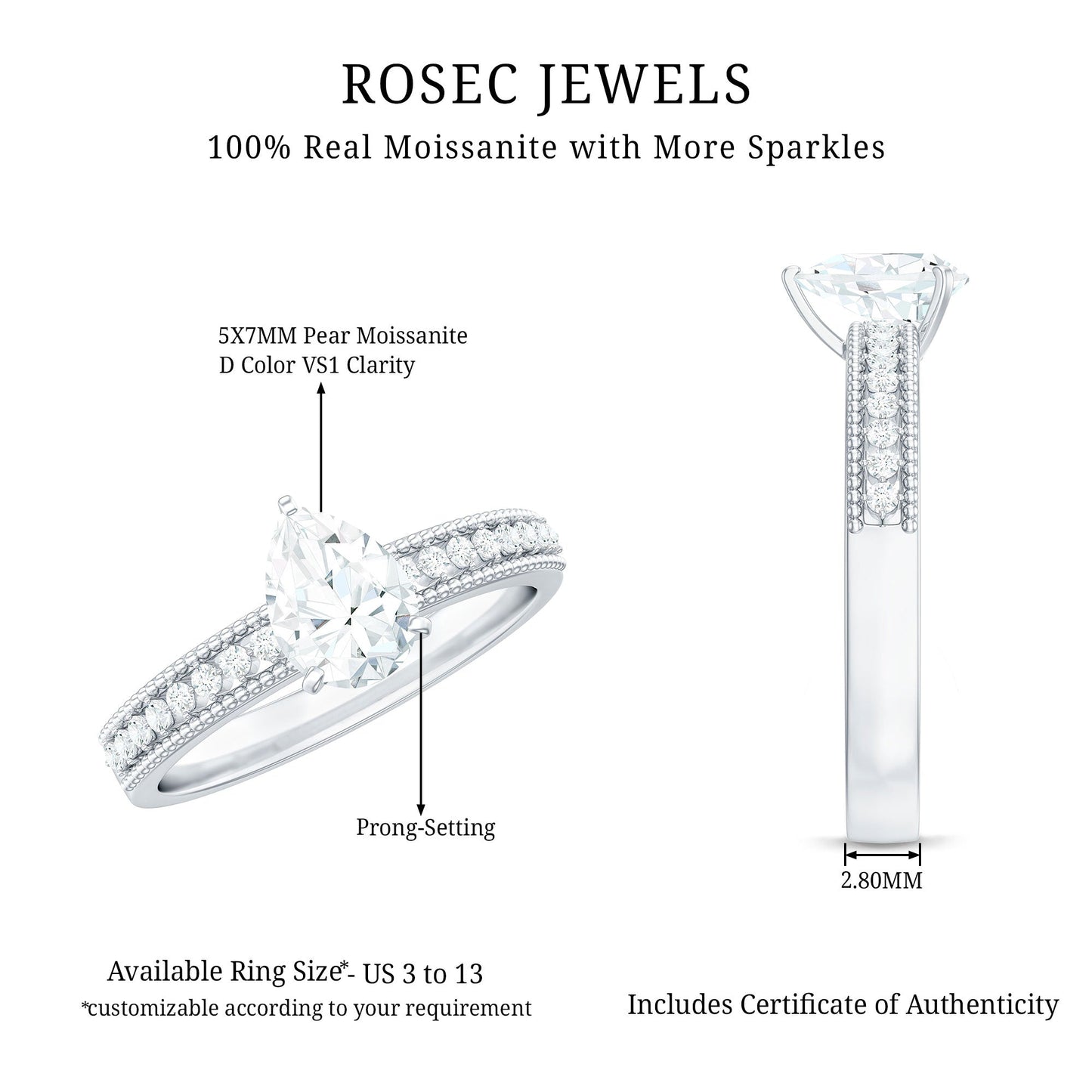 Pear Shaped Moissanite Solitaire Engagement Ring with Beaded Design