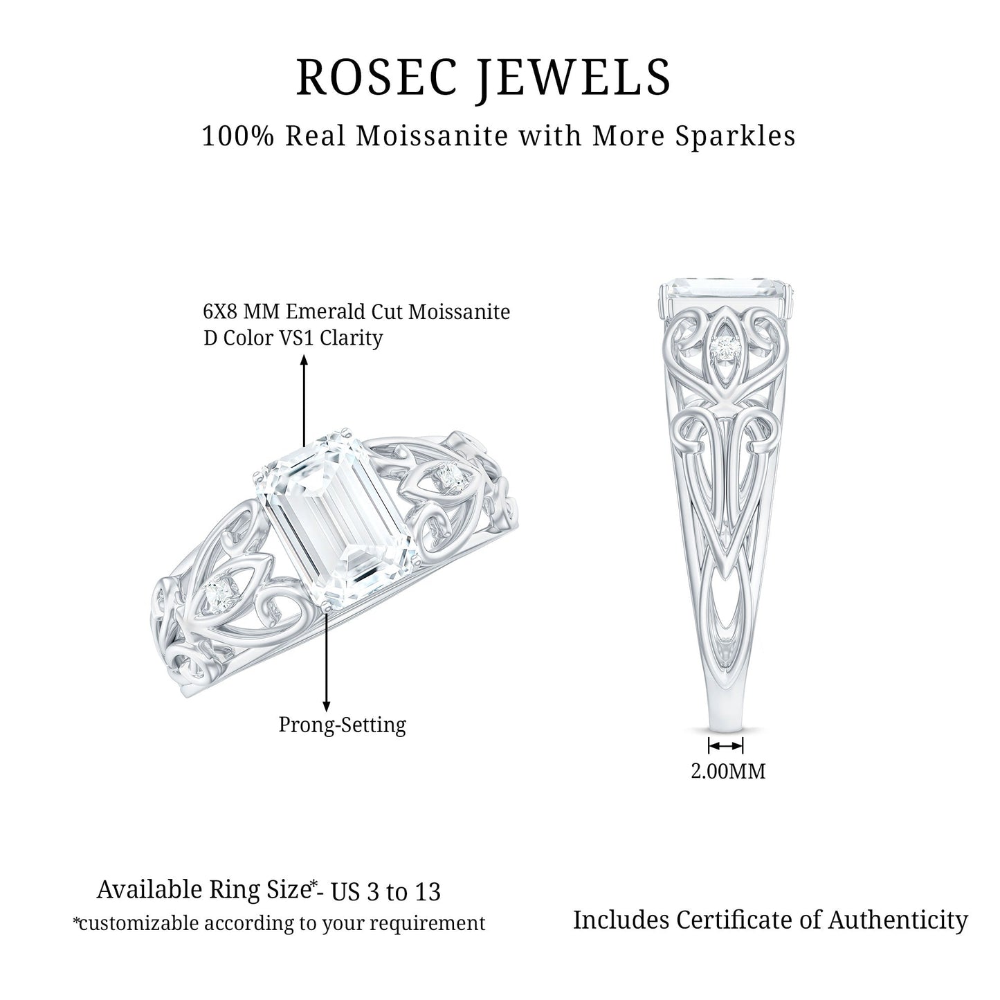 1.8 Carat Emerald Cut Moissanite Vintage Inspired Solitaire Ring