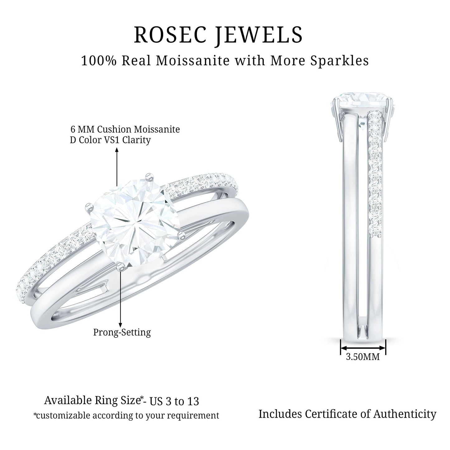 1.7 Carat Certified Moissanite Solitaire Double Band Engagement Ring