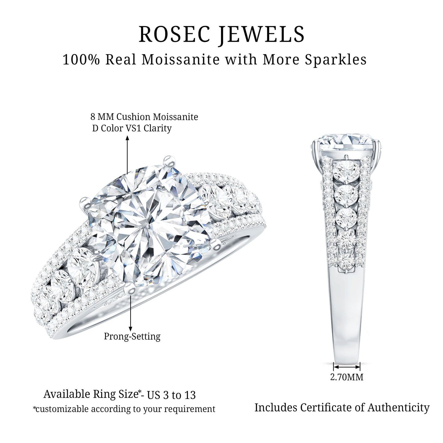 3 Carat Cushion Cut Moissanite Engagement Ring with Side Stones