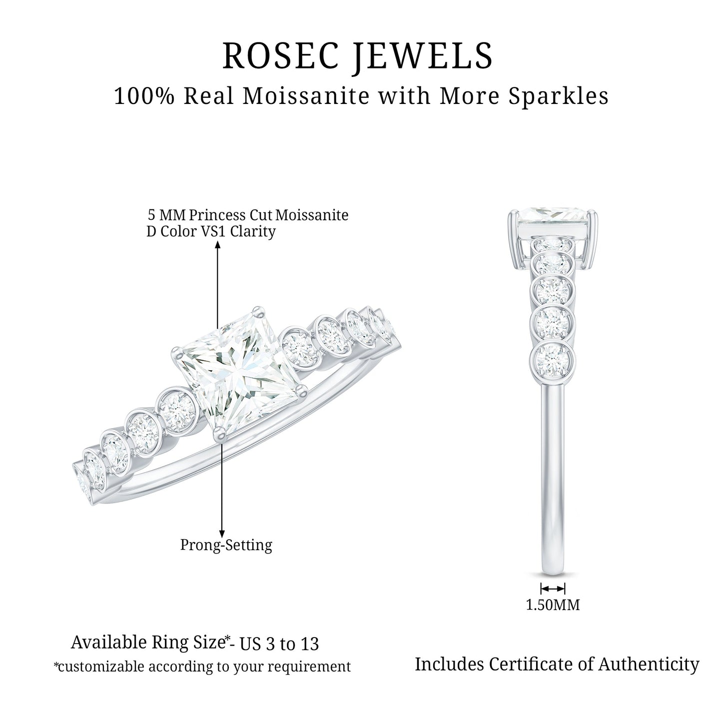 Square Cut Moissanite Engagement Ring with Side Stones