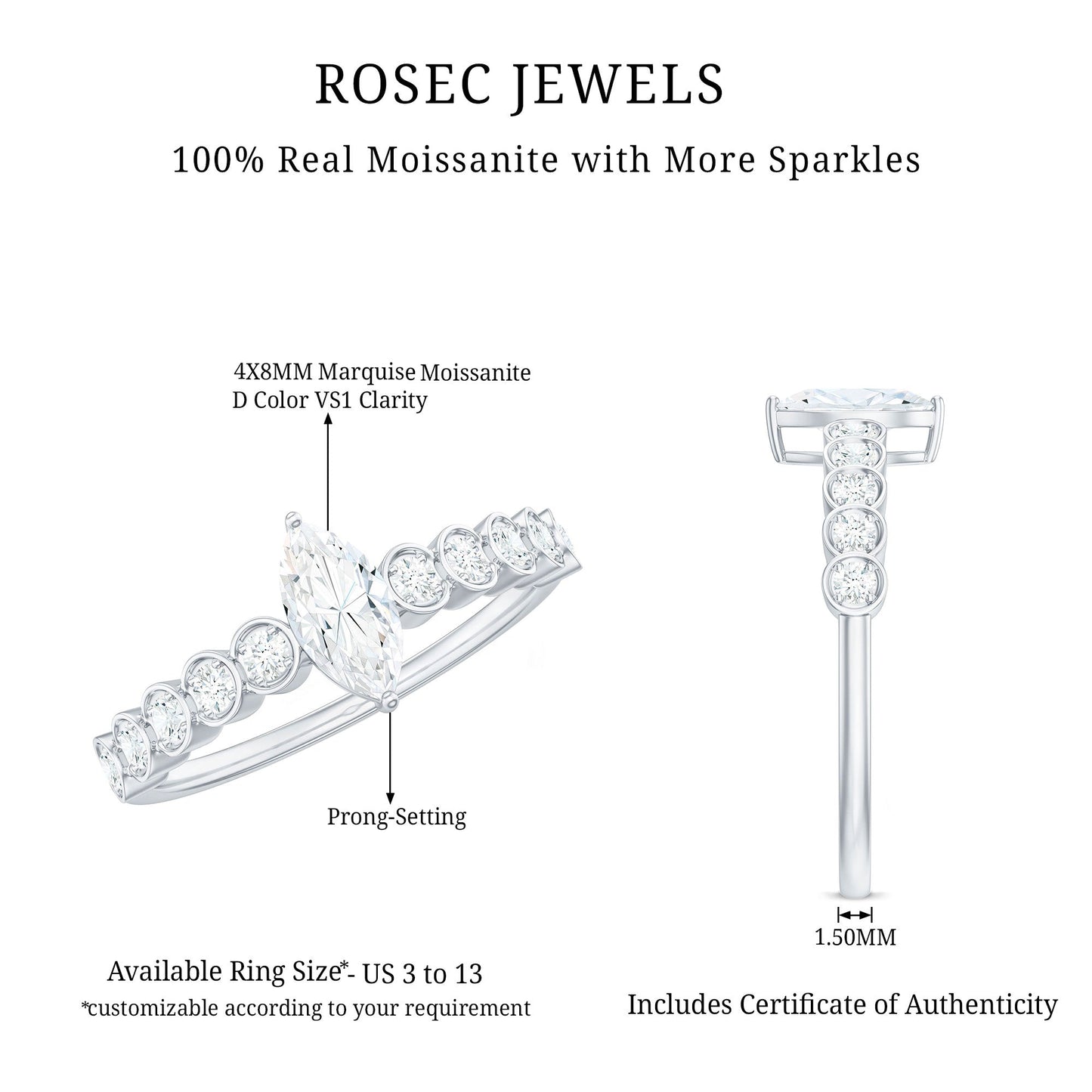 0.7 Carat Marquise Cut Moissanite Solitaire Engagement Ring with Side Stones