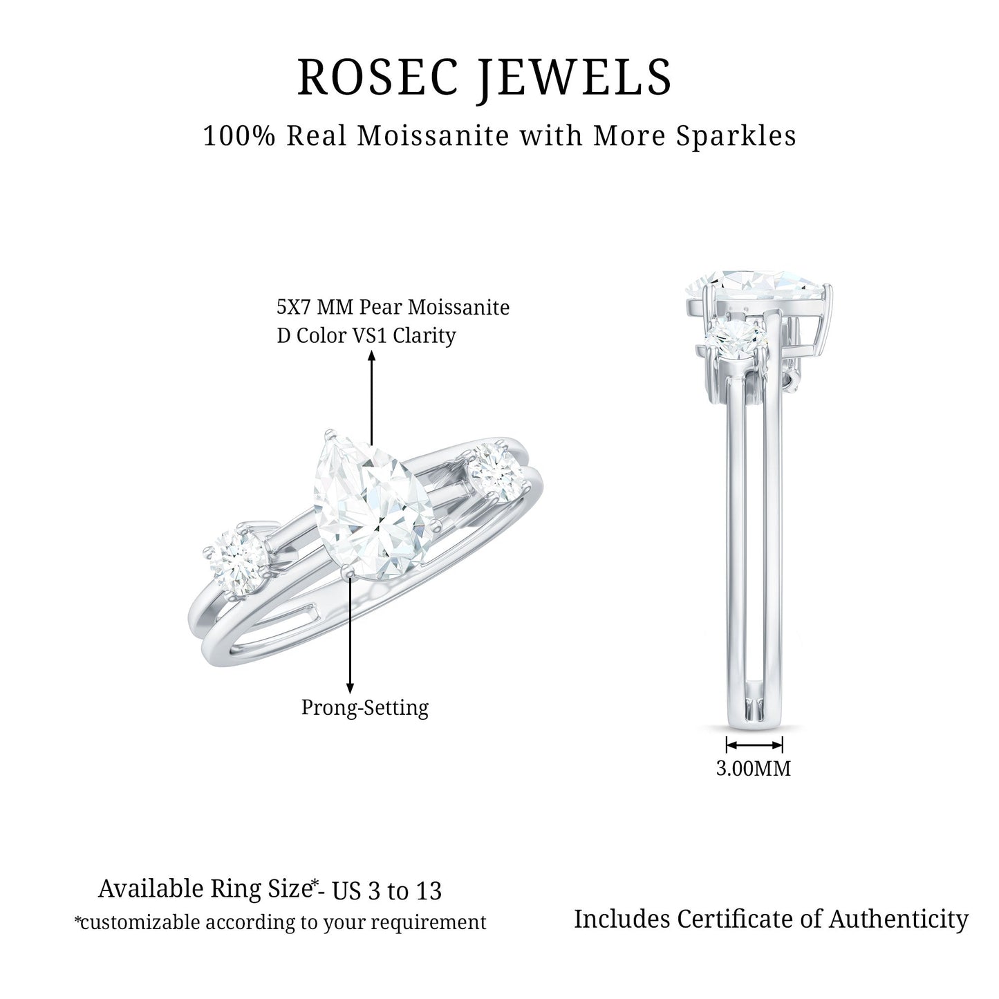 Pear Cut Moissanite Engagement Ring with Double Band