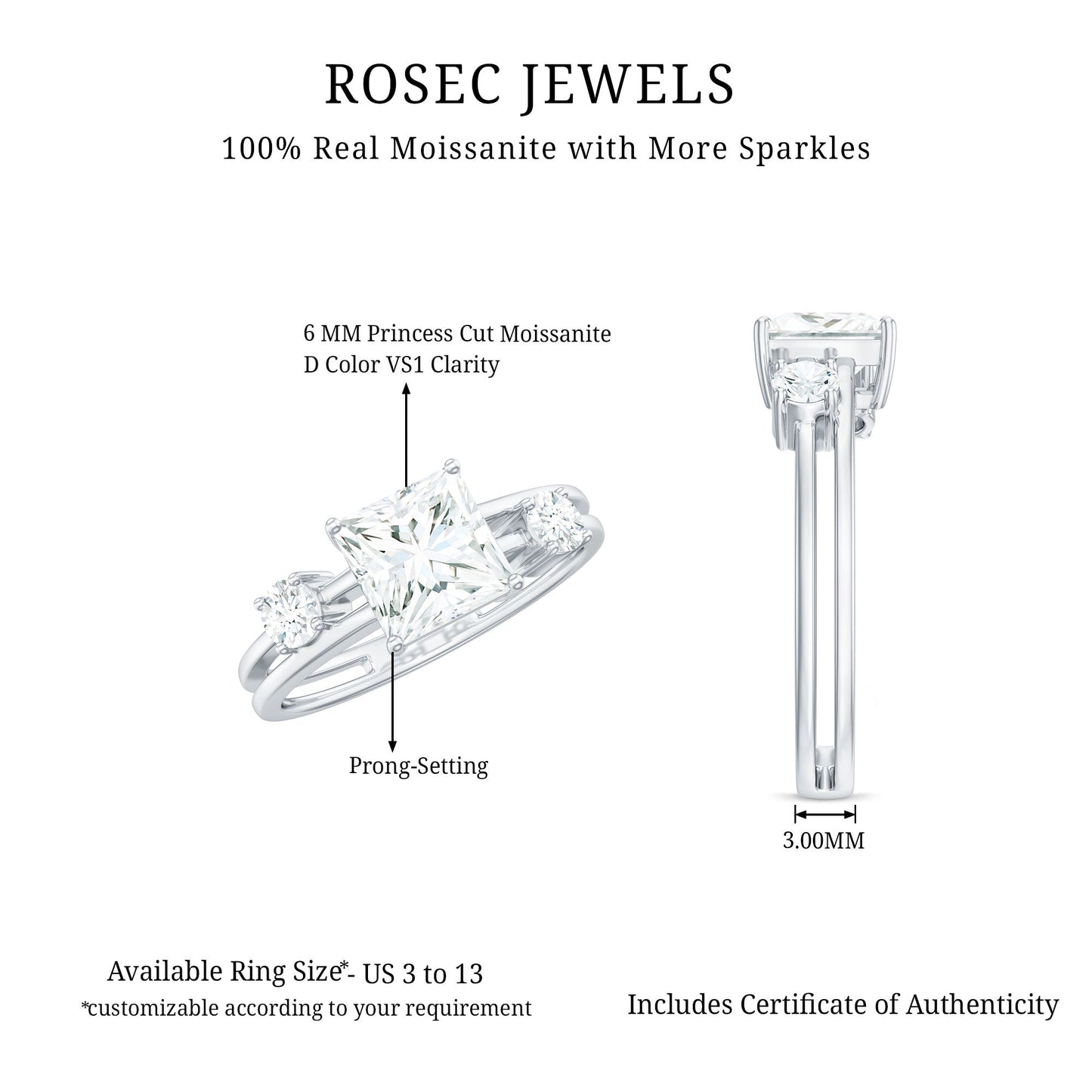 Princess Cut Moissanite Engagement Ring with Double Band