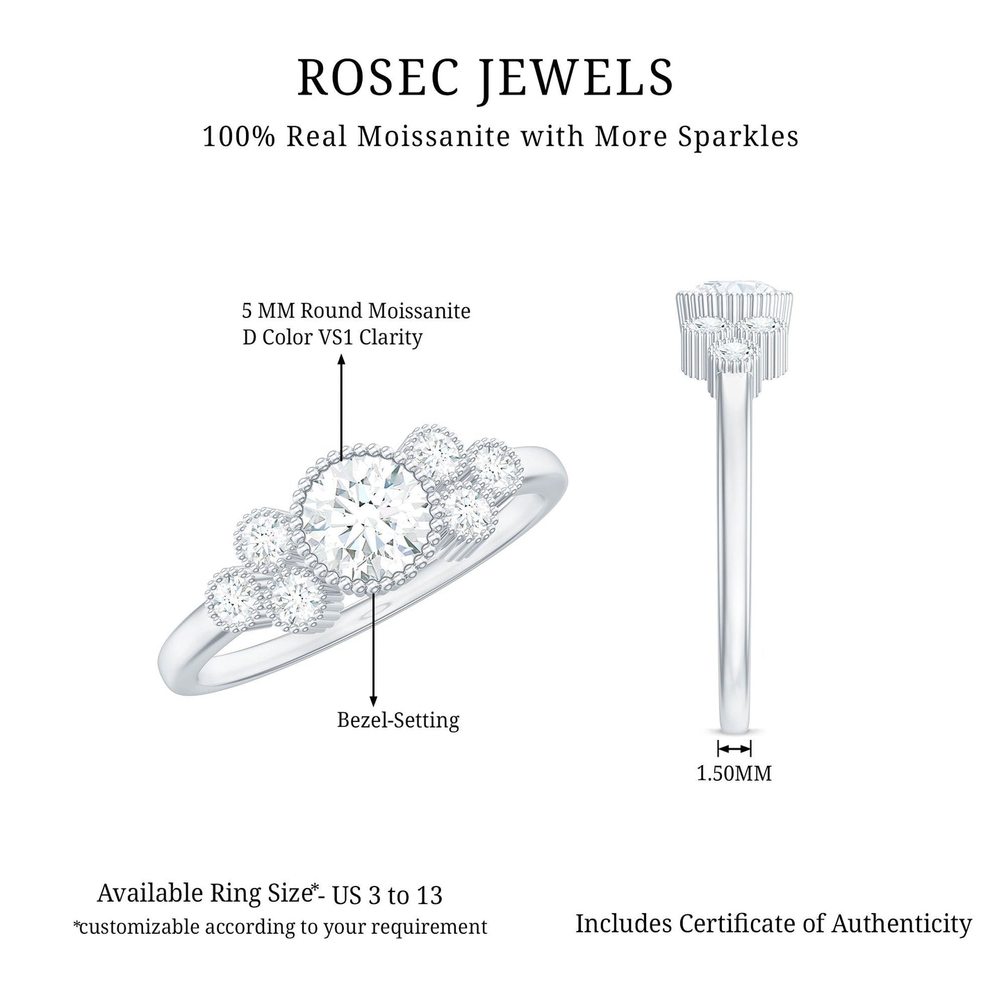 Moissanite Classic Engagement Ring with Beaded Details