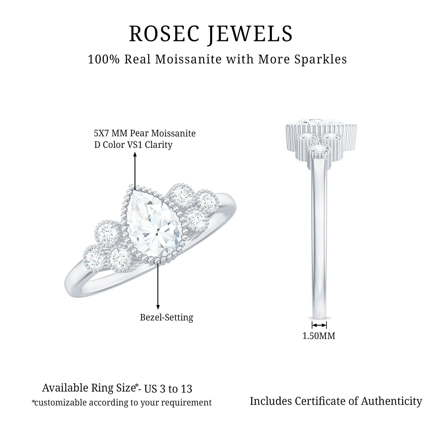 0.7 Carat Pear Shaped Moissanite Classic Engagement Ring with Beaded Details